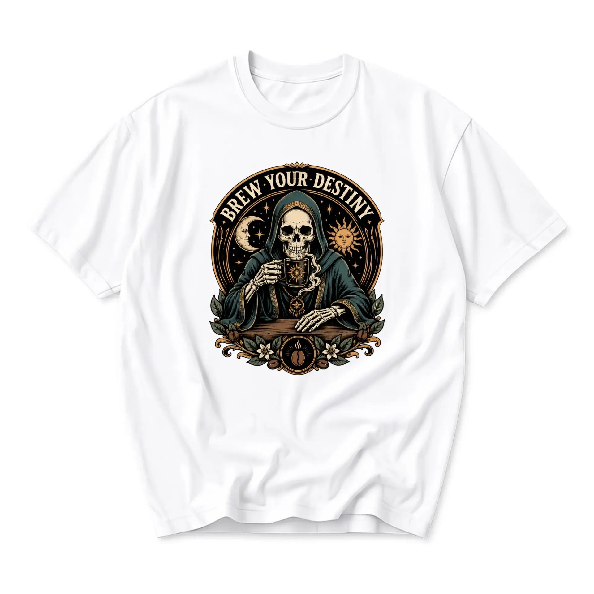 T-shirt Graphic Tee Brew Your Destiny Skeleton Drinking Coffee Illustration Unisex Crew Neck Short Sleeve Cotton Top