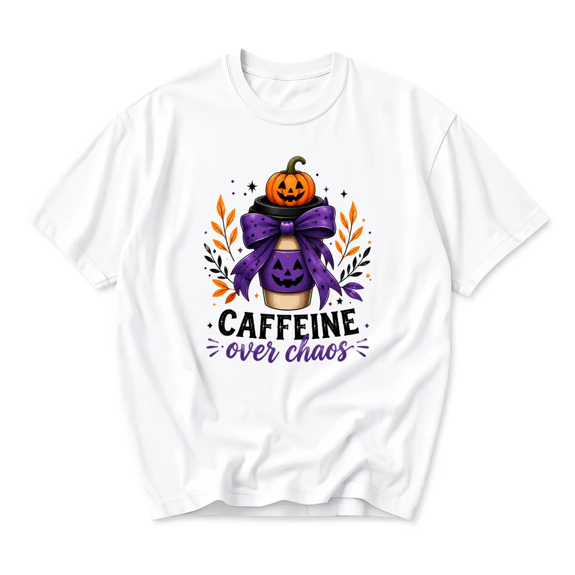 Graphic Tee Caffeine over Chaos Autumn Pumpkin Coffee Cup Unisex Crew Neck Casual Everyday Short Sleeve Shirt