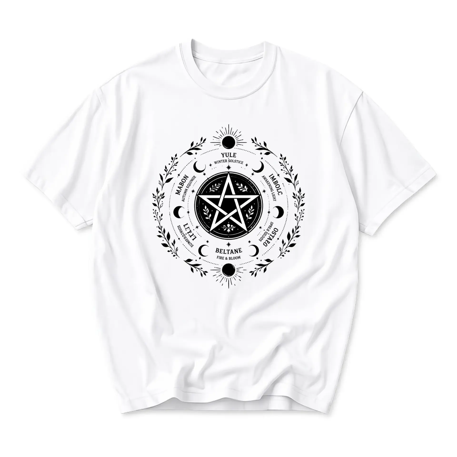 Graphic Tee Unisex Crew Neck T-Shirt Featuring Celestial Pentagram Wheel of the Year Design for Casual Everyday Style