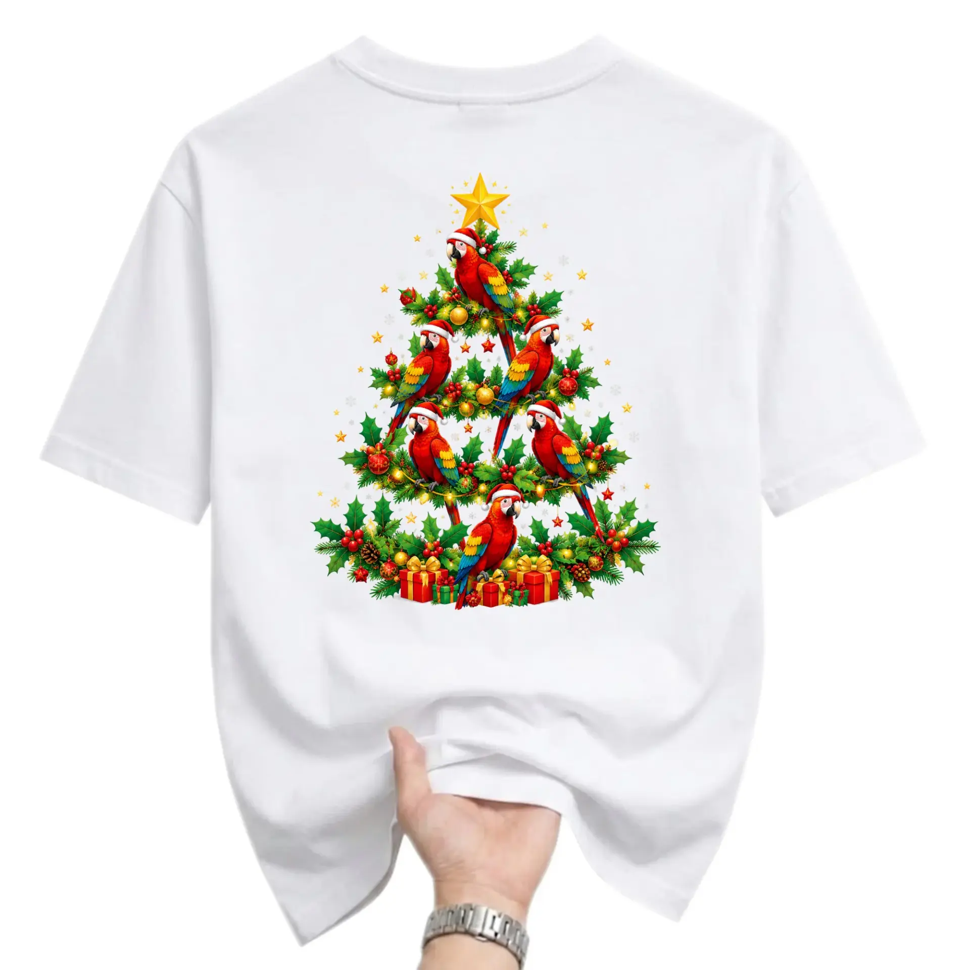 Graphic Tee Unisex Christmas Tree Parrot Shirt Holiday Tropical Bird Crew Neck Casual Cotton Blend Apparel