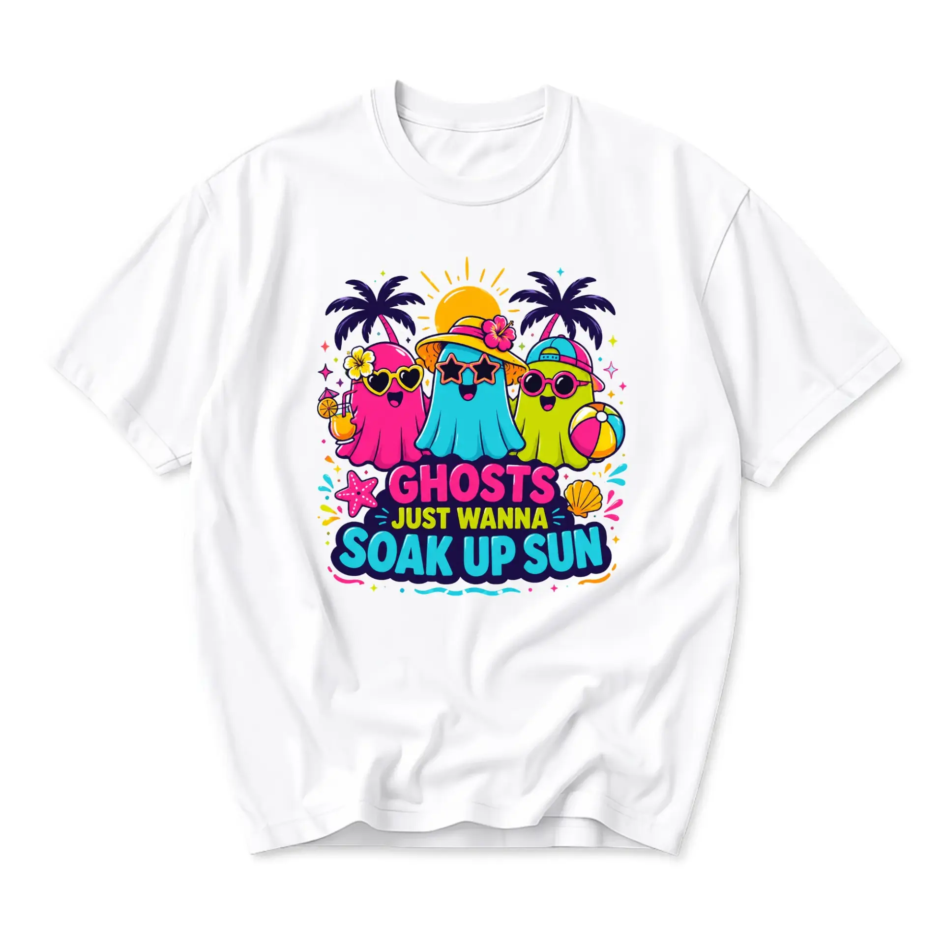 Graphic Tee Ghosts Just Wanna Soak up Sun Summer Vacation Beach Theme Unisex Crew Neck Casual Cotton Blend Shirt