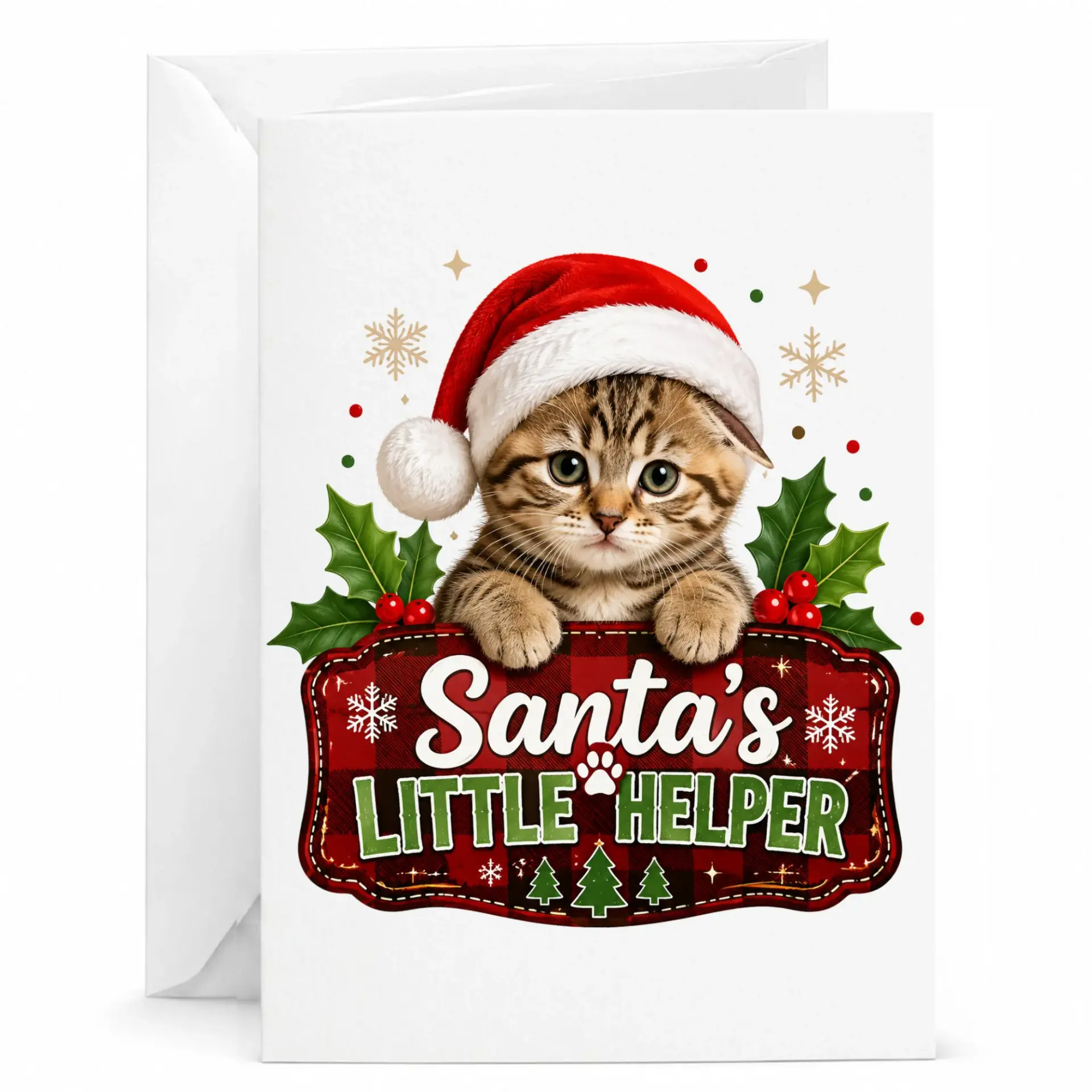 Holiday Greeting Card Santa's Little Helper Featuring Cute Tabby Kitten Illustration for Festive Seasons