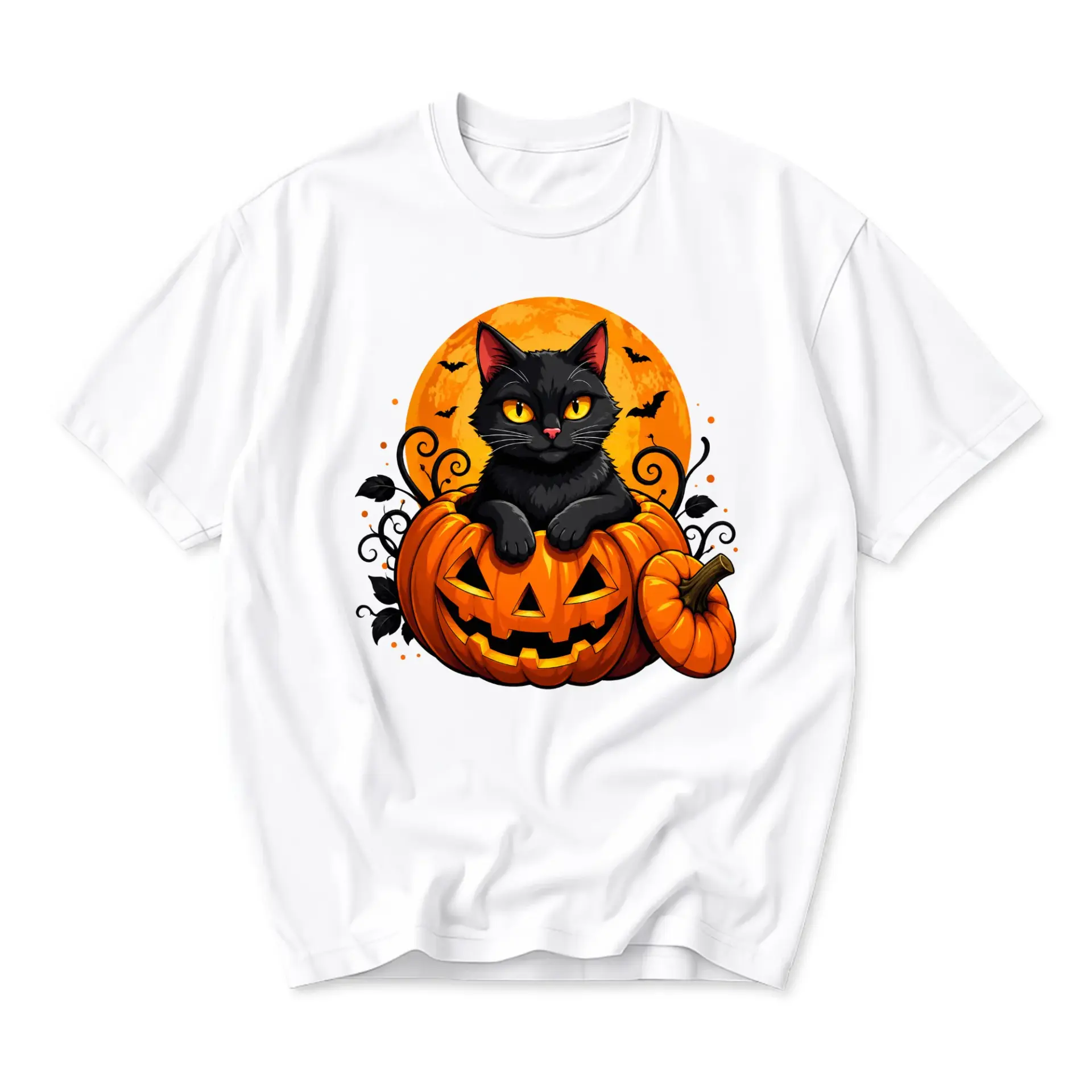 Graphic Tee Black Cat in Pumpkin Halloween Unisex Crew Neck Shirt Comfortable Cotton Casual Everyday Apparel Gift Idea