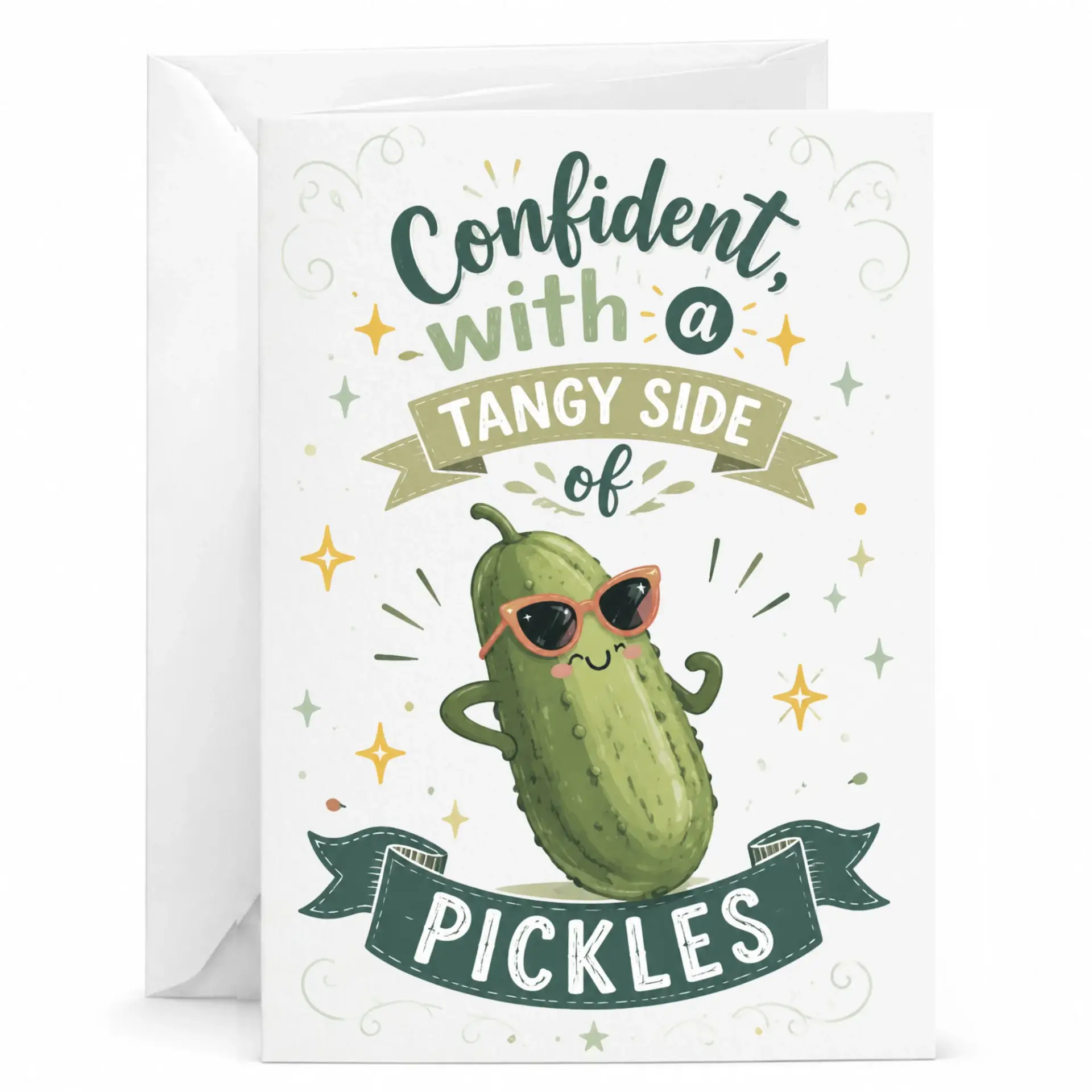 Funny Pickle Greeting Card Confident with a Tangy Side of Pickles Pun for Birthday Anniversary