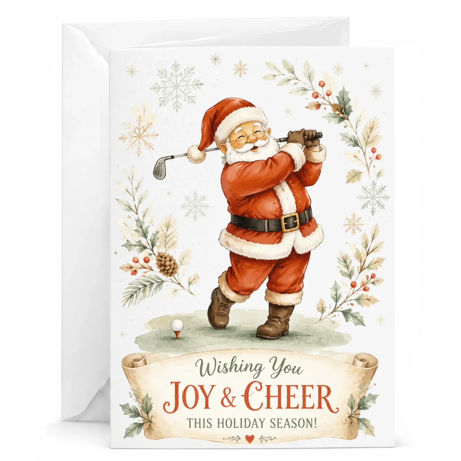Greeting Card Featuring Santa Claus Playing Golf for Holiday Season Celebration and Festive Greeting Card Message