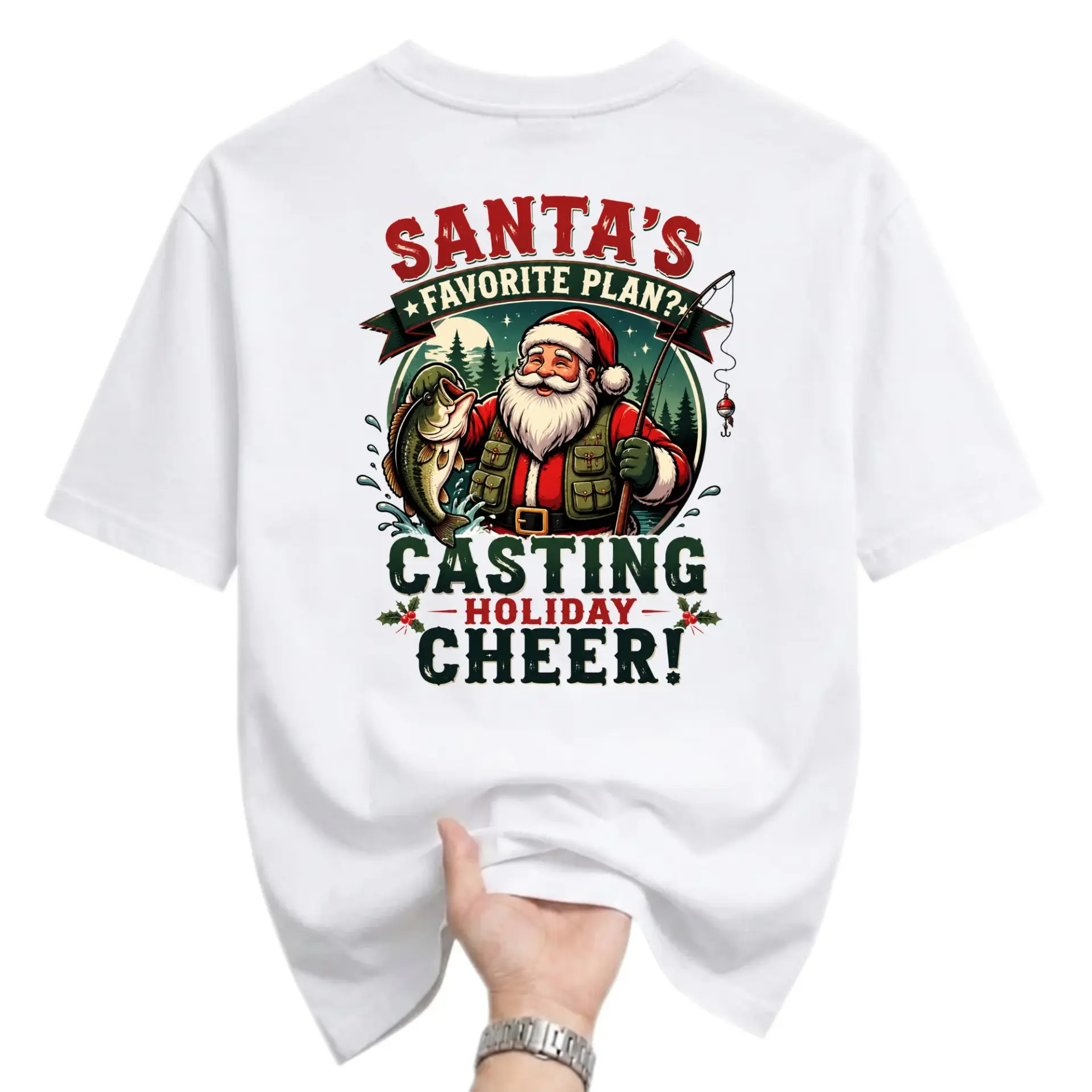 Funny Shirt Santa Fishing Graphic Tee Holiday Casual Unisex Crew Neck Top for Enthusiasts and Season