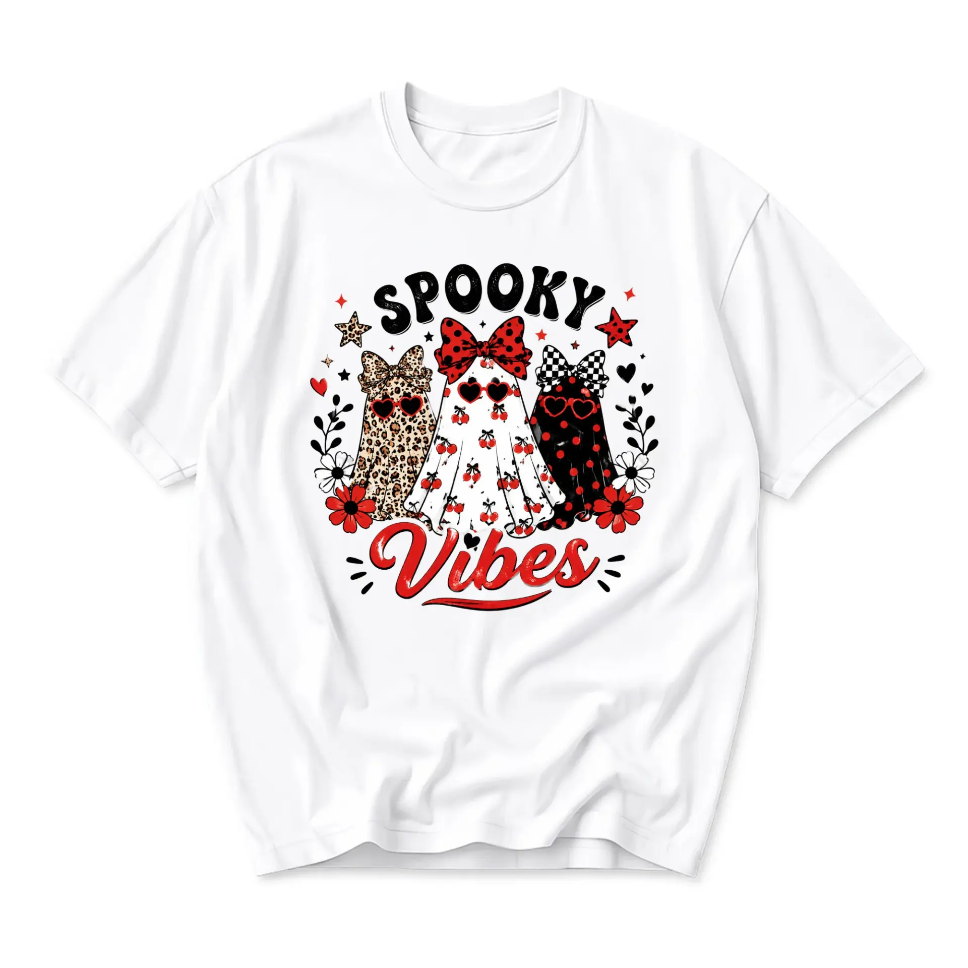 Funny Shirt Spooky Vibes Ghost Graphic Tee Women Men Cute Fall Holiday Apparel Unisex Casual Crew Neck Soft Cotton