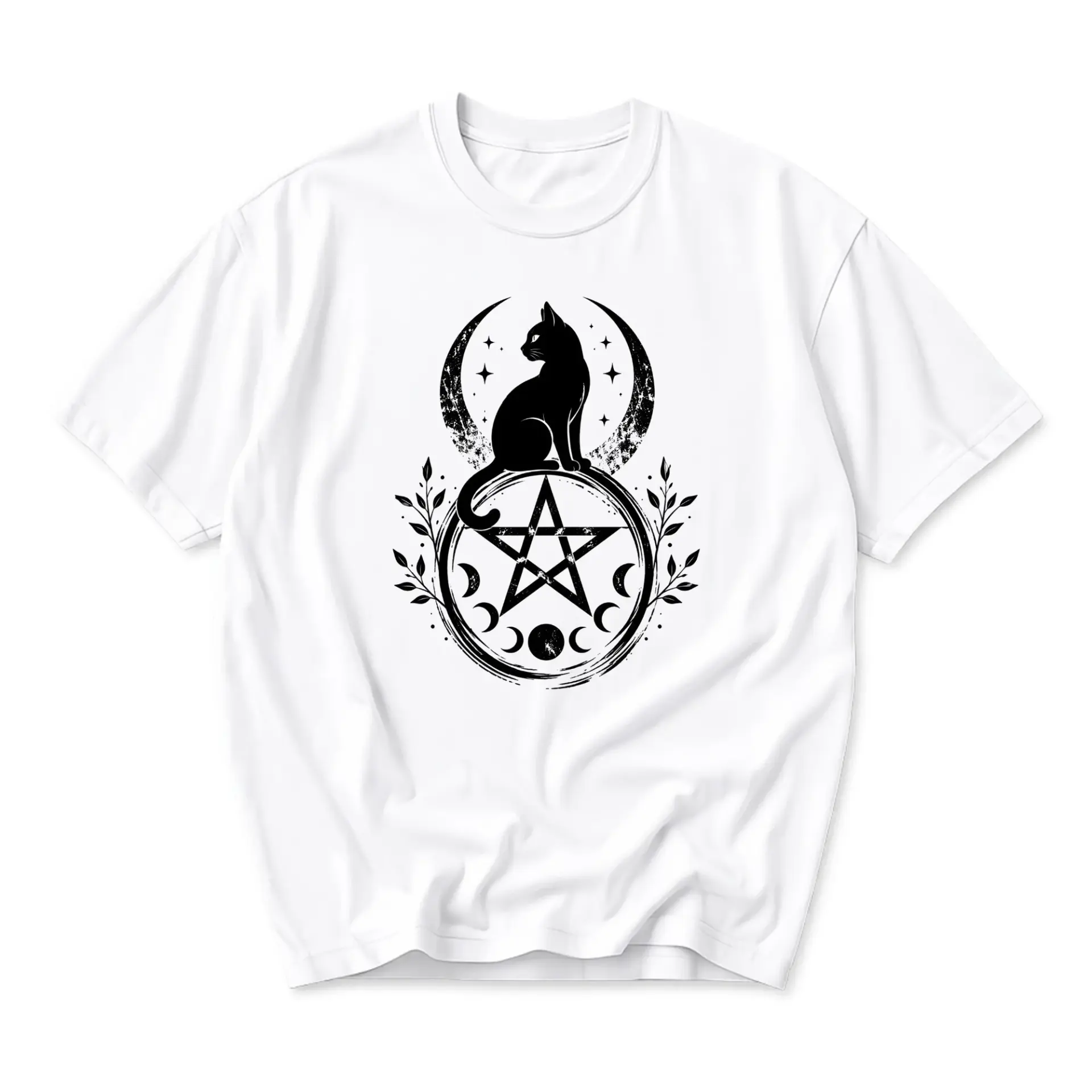 Graphic Tee Celestial Cat Pentagram Moon T-Shirt Unisex Crew Neck Casual Wear Soft Cotton Blend Everyday Artistic Top