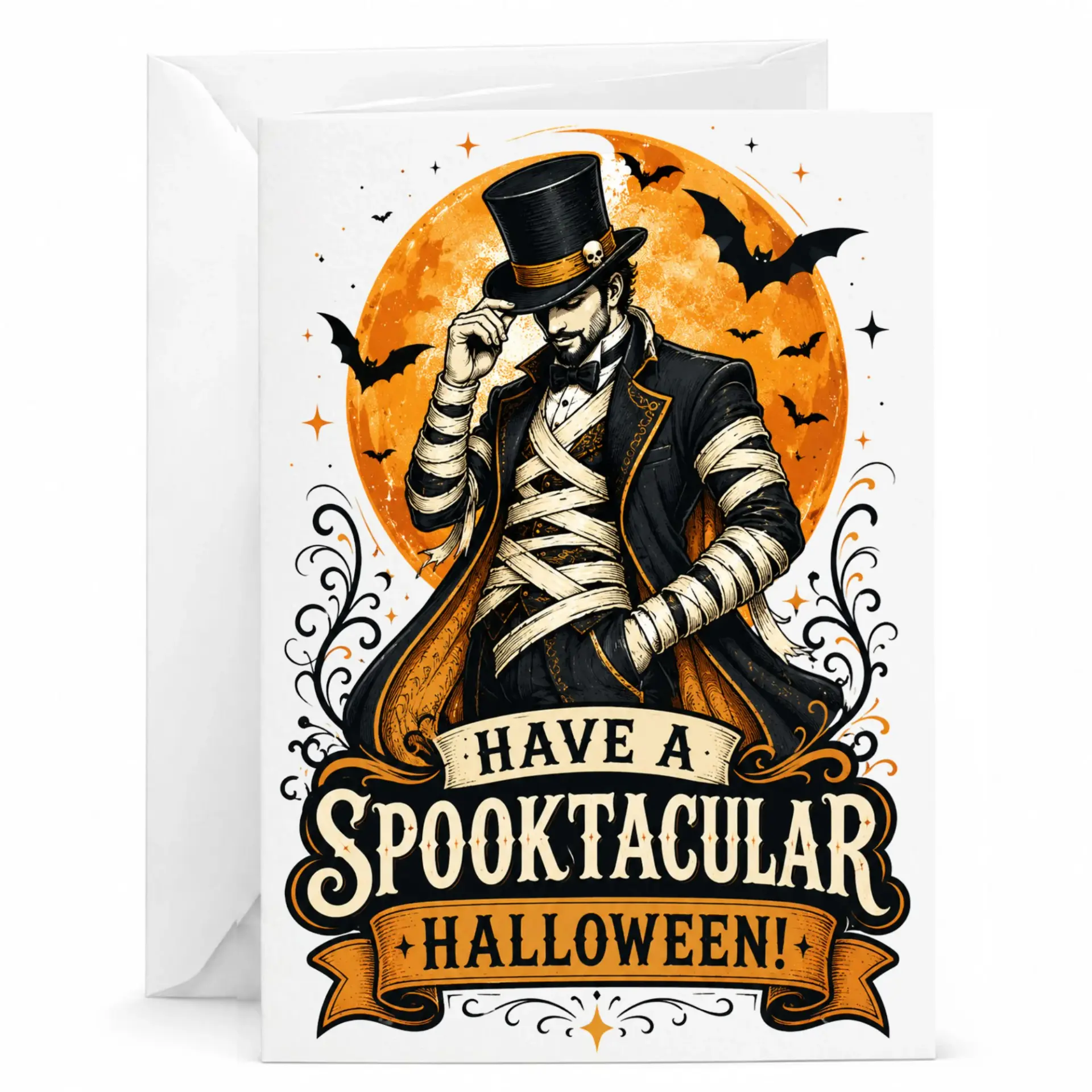 Greeting Card Have a Spooktacular Halloween Gentleman Mummy Illustration Gothic Holiday Stationery for Seasonal Greetings