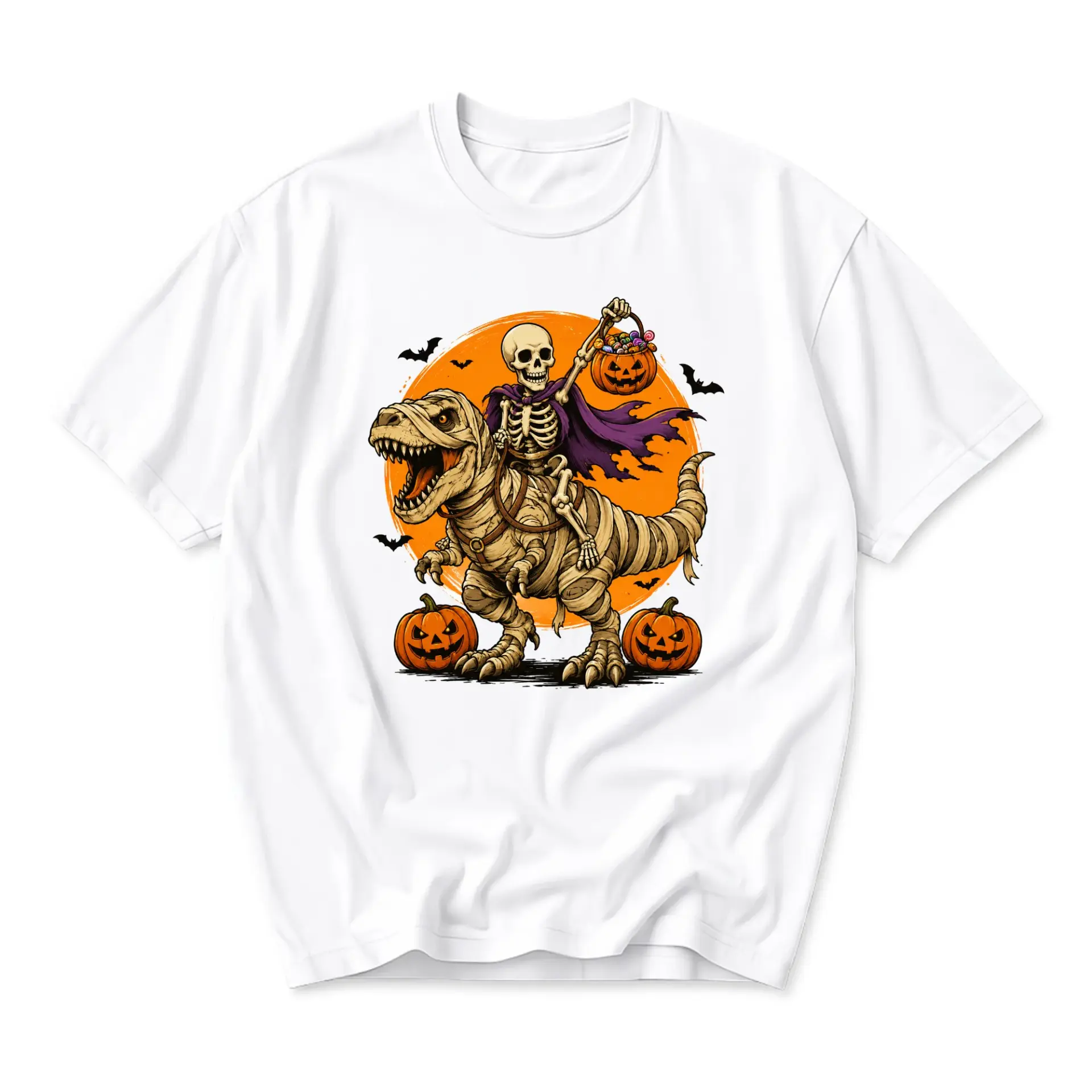 Graphic Tee Unisex Crew Neck T-Shirt Featuring Skeleton Riding Mummy Dinosaur Halloween Illustration Casual Apparel