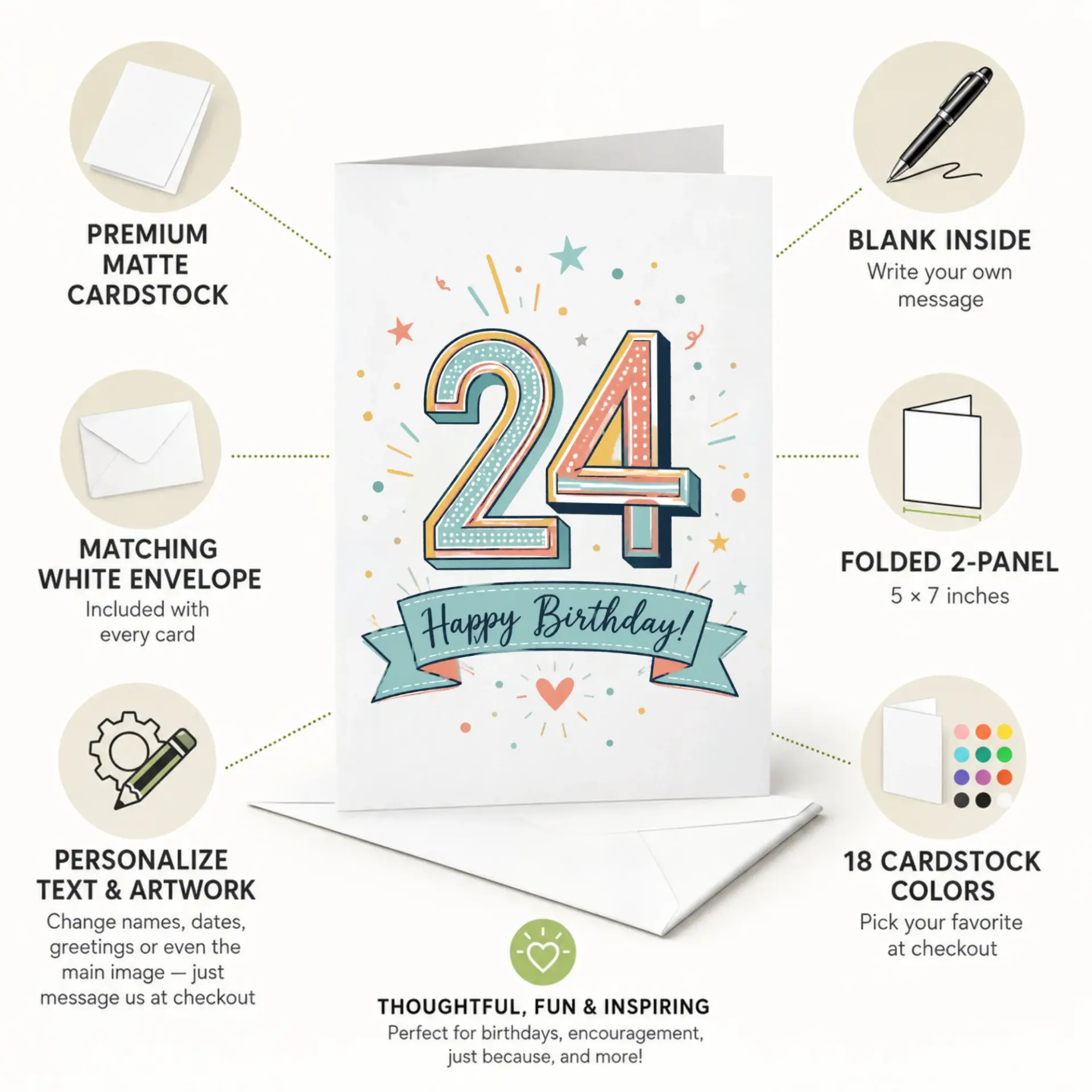 Birthday Card 24th Milestone Celebration Featuring Retro Typography and Pastel Confetti Design for Special Anniversary