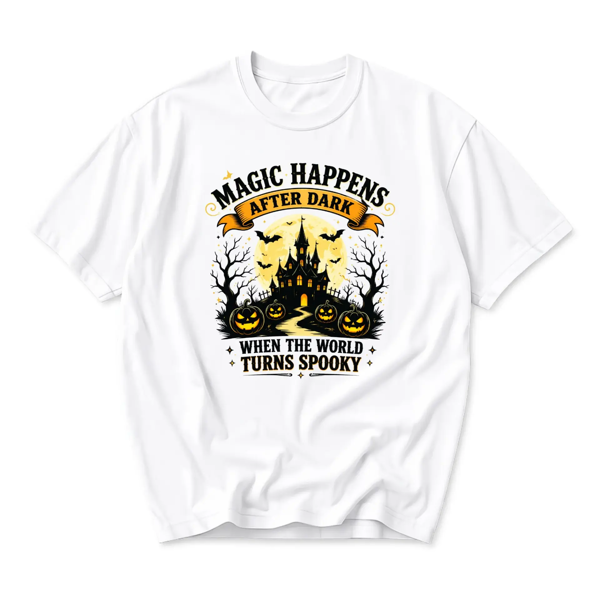 Funny Shirt Magic Happens After Dark Spooky Halloween Graphic Tee Unisex Crew Neck Casual Cotton Blend Apparel White