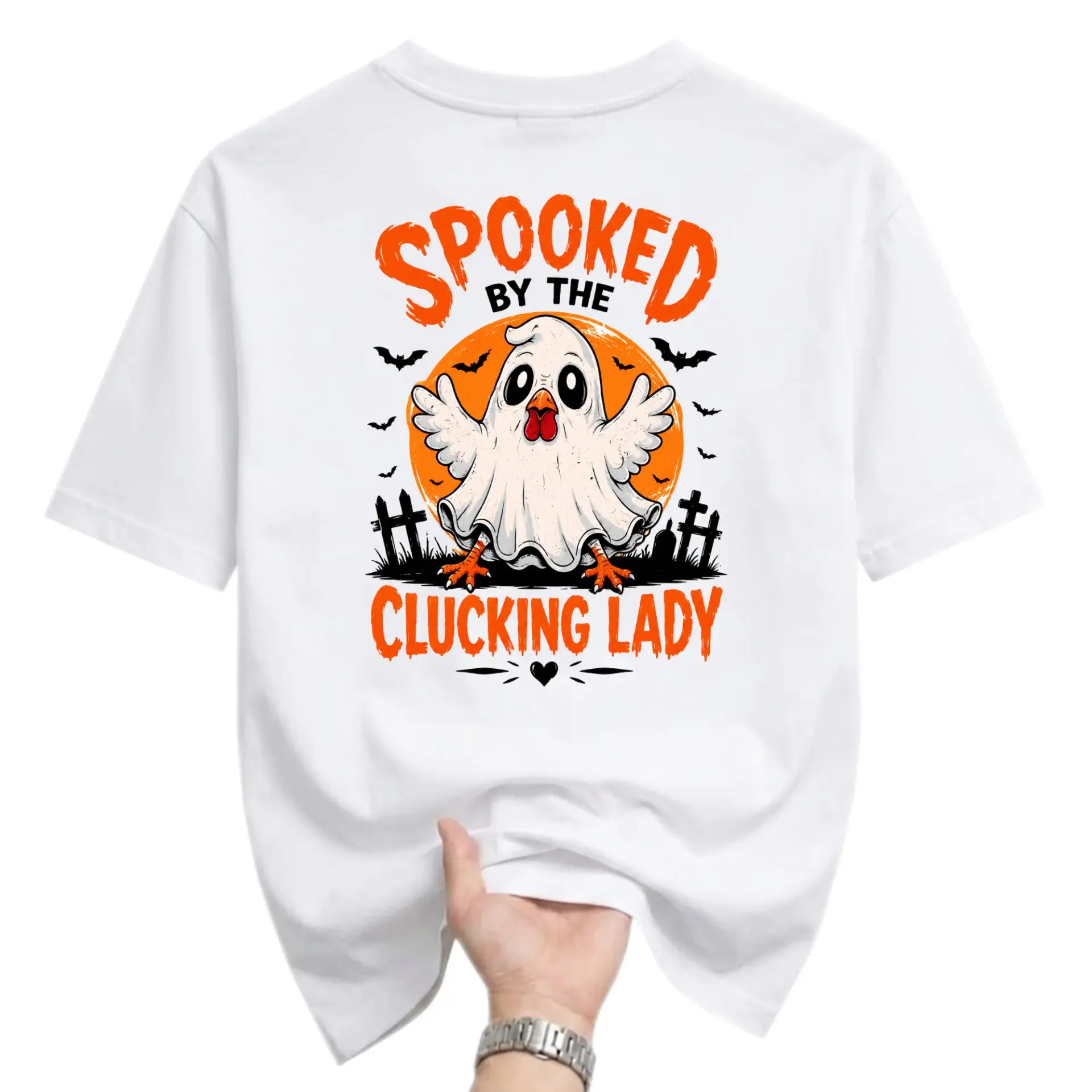 Funny Shirt Spooked by the Clucking Lady Graphic Tee Unisex Casual Crew Neck Halloween Farm Animal Lover Apparel