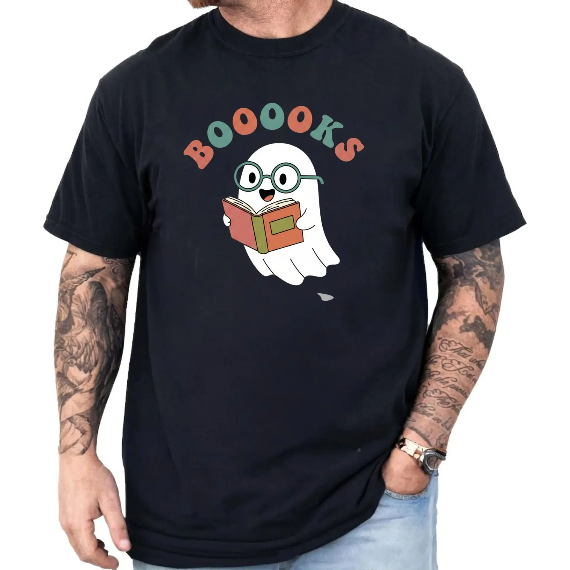 Funny Booooks Graphic Printed T-Shirt Featuring Cute Reading Ghost Illustration for Casual Everyday Wear and Gifts