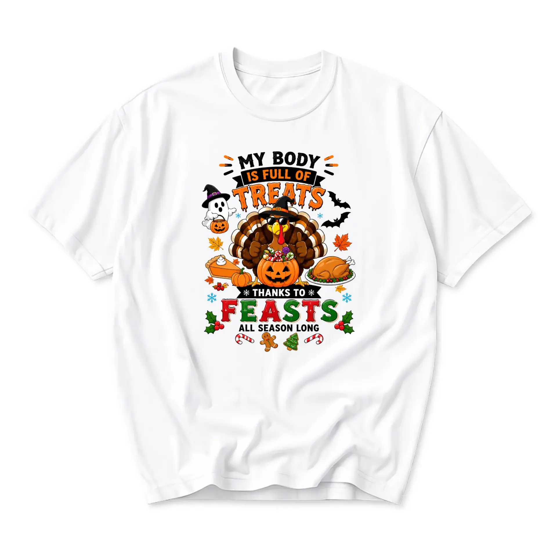 Funny Shirt My Body Is Full of Treats Thanks to Feasts Seasonal Graphic Tee Unisex Holiday Crew Neck Casual Apparel