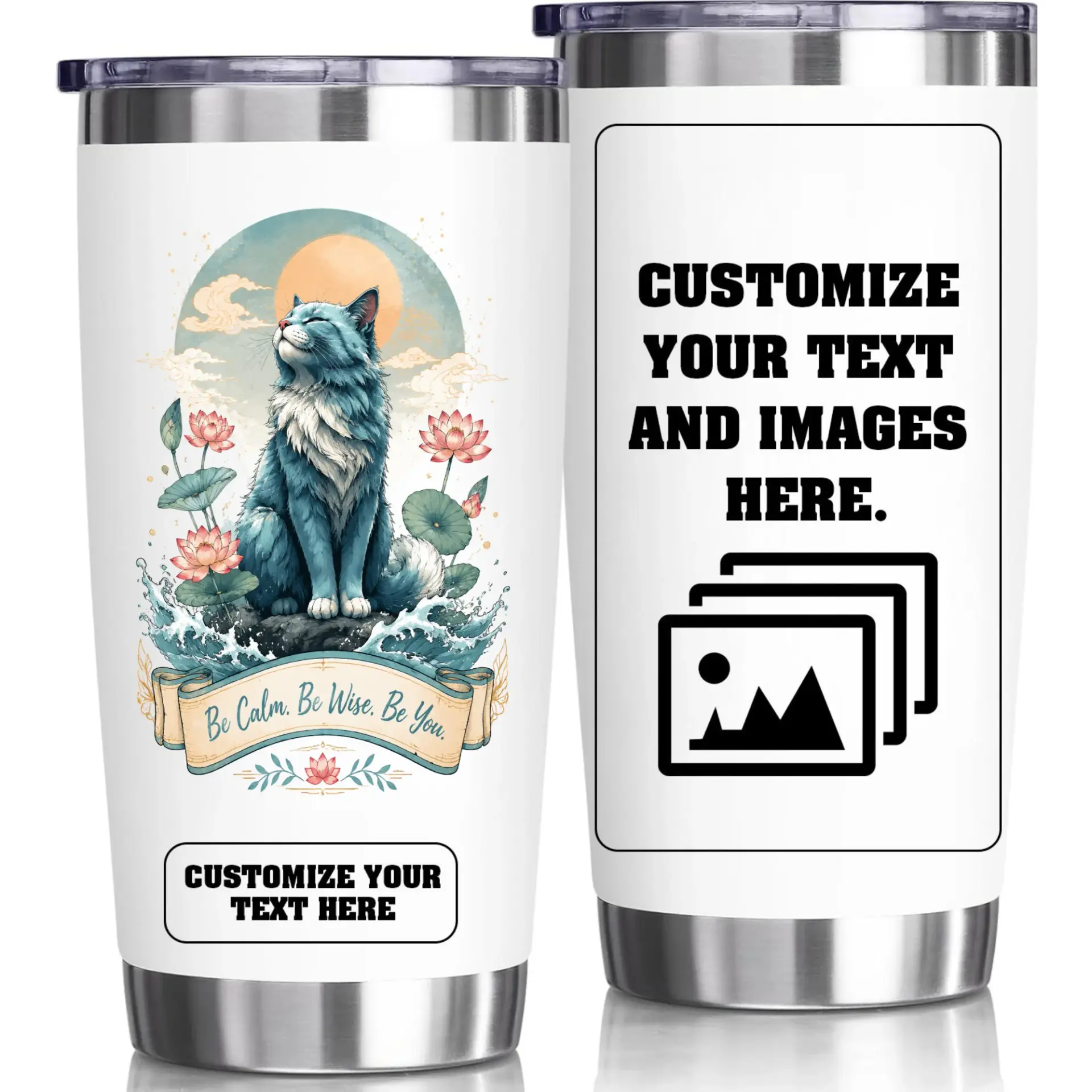 Stainless Steel Tumbler 20oz Custom Cat Design Zen Lotus Travel Mug Vacuum Insulated Cup for Hot and Cold Beverages