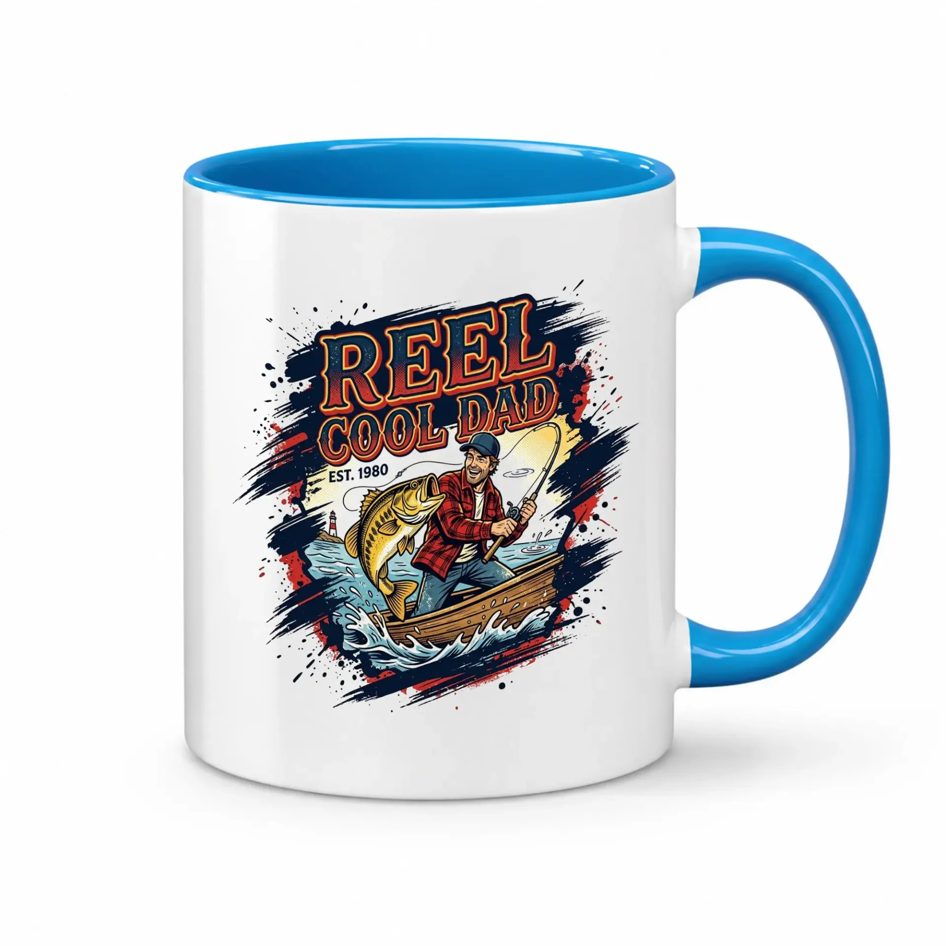 Fishing Enthusiast Ceramic Mug Featuring Reel Cool Dad Design with Vibrant Blue Accents for Hot and Cold Beverages