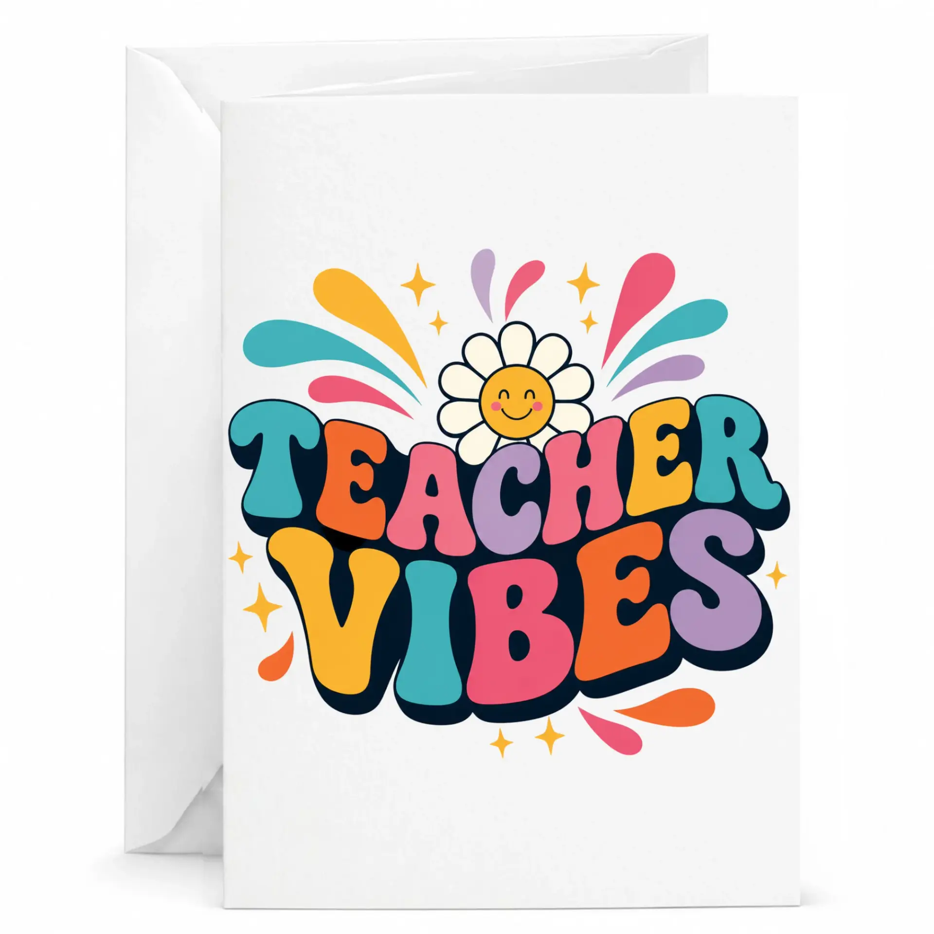 Greeting Card Teacher Vibes Retro Groovy Flower Design Appreciation Note for Professional Educators and Staff