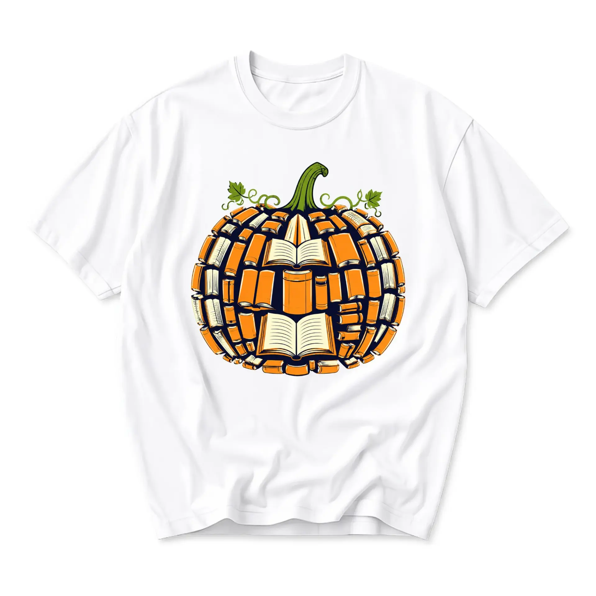 Graphic Tee Pumpkin Shaped Like Stacked Books Autumn Reading Literature Lover Unisex Crew Neck Cotton Shirt