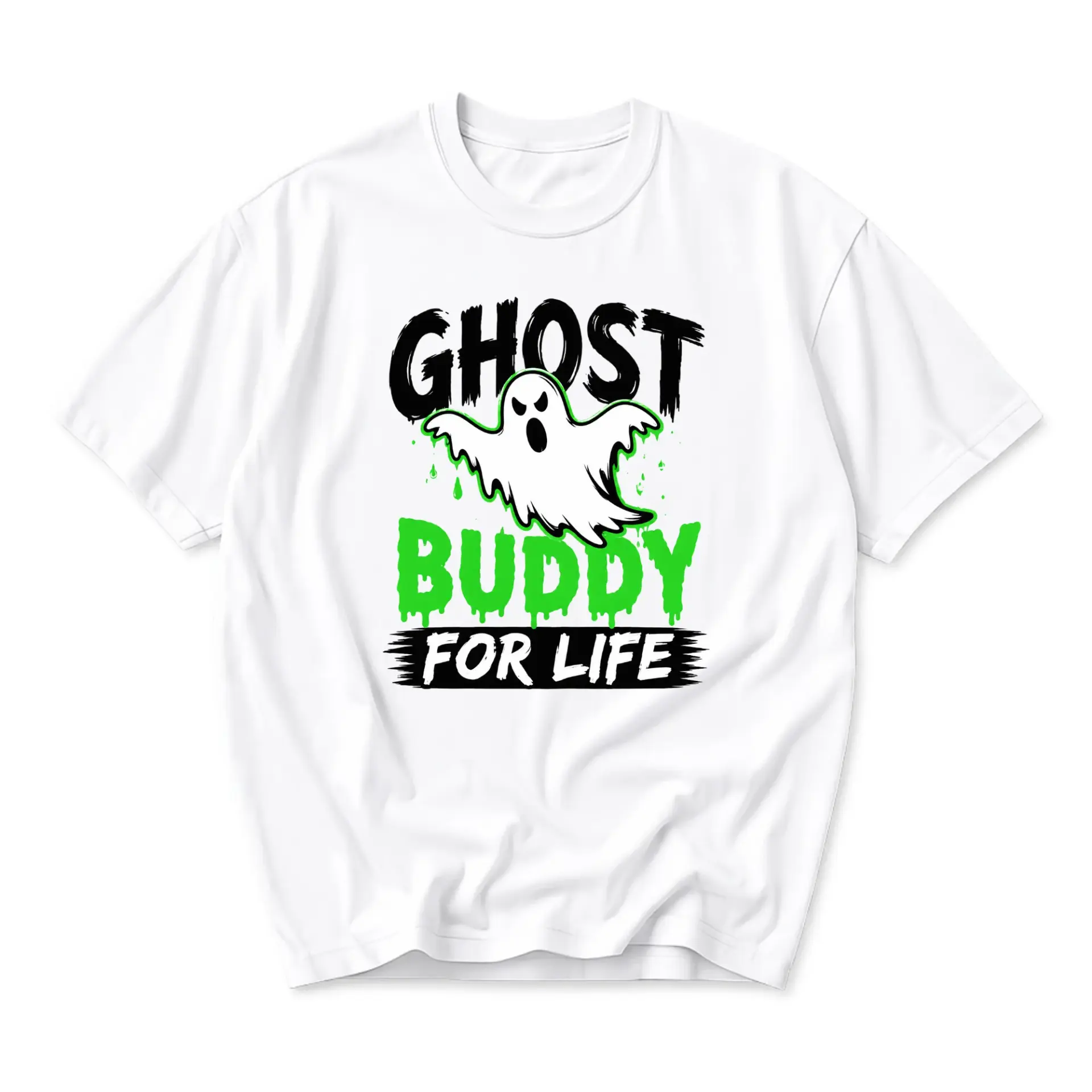 Funny Shirt Ghost Buddy for Life Graphic Tee Unisex Casual Apparel Premium Cotton Crew Neck Short Sleeve Top White
