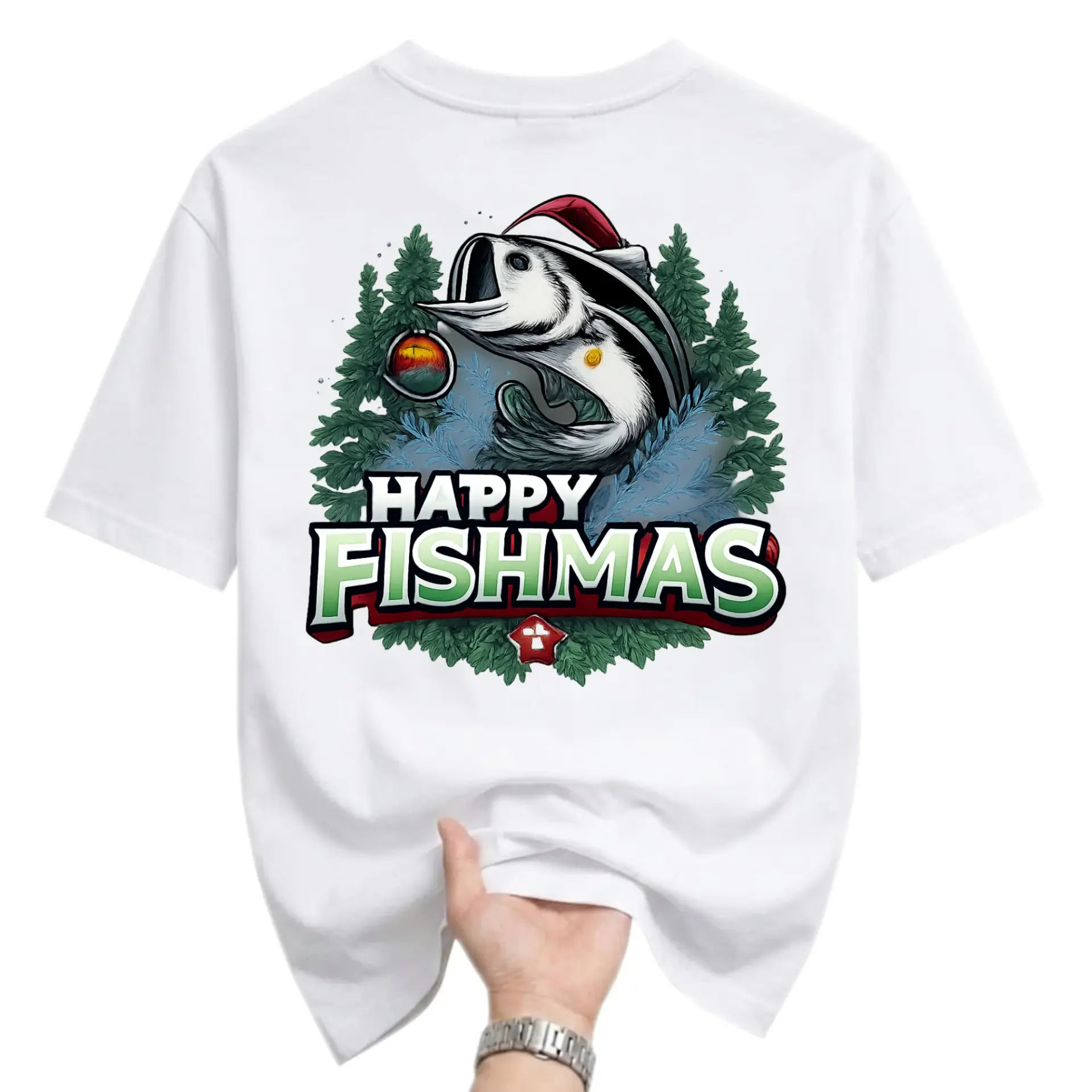 Funny Shirt Happy Fishmas Graphic Tee Unisex Holiday Fishing Themed Crew