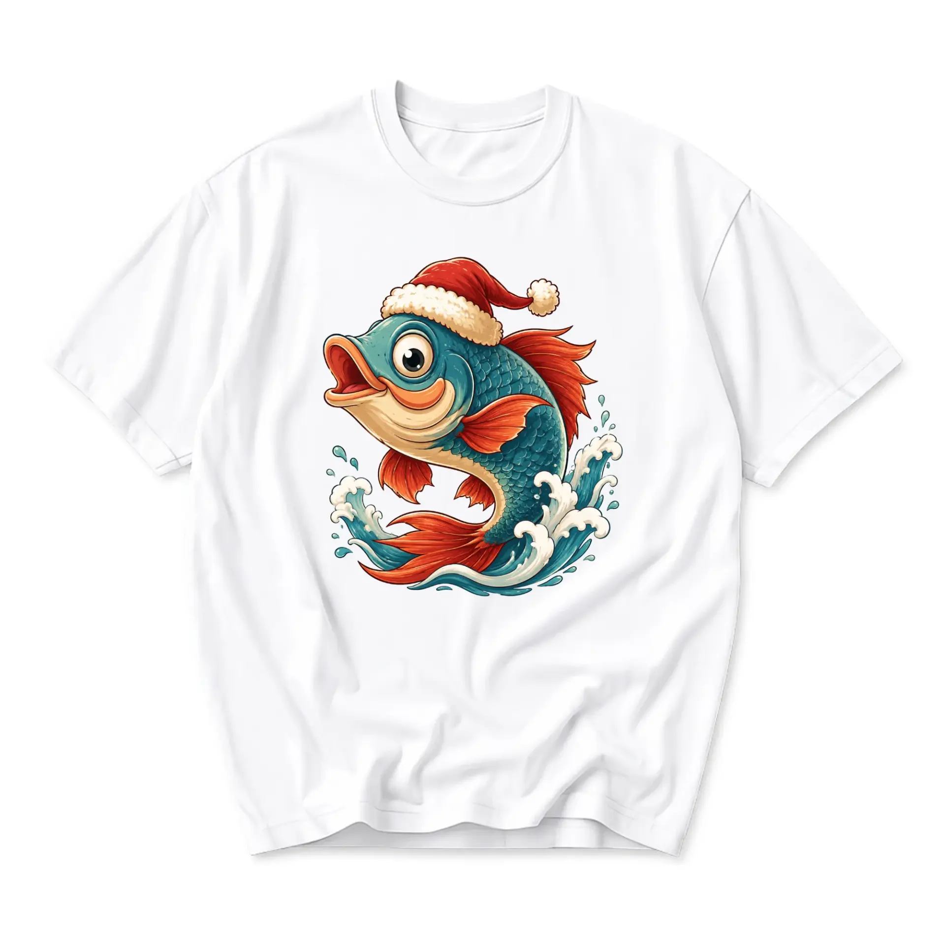 Graphic Tee Christmas Fish T-Shirt Holiday Crew Neck Unisex Short Sleeve Casual Everyday Apparel White Top