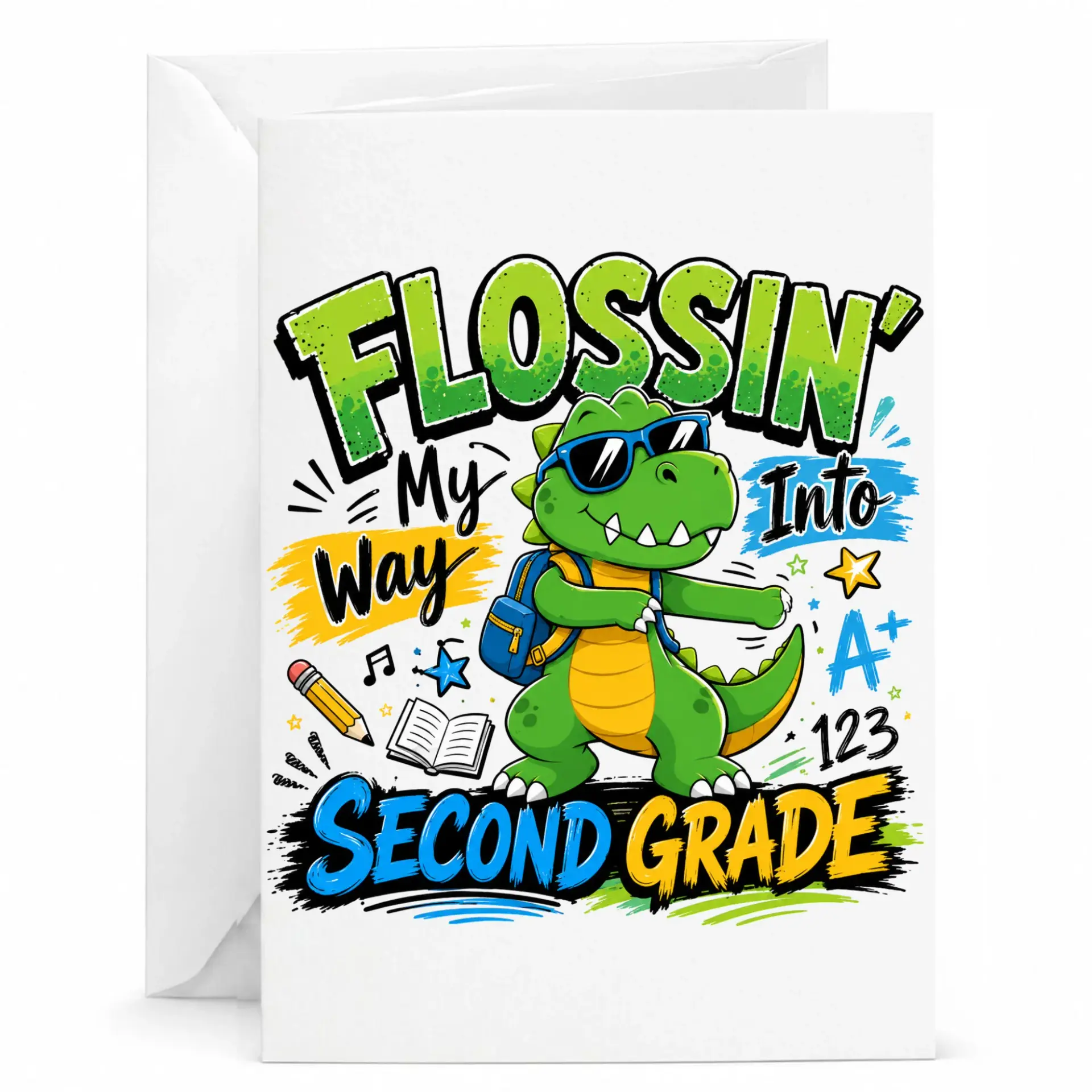 Funny Dinosaur Greeting Card Flossin into Second Illustration Academic Milestone Stationery for