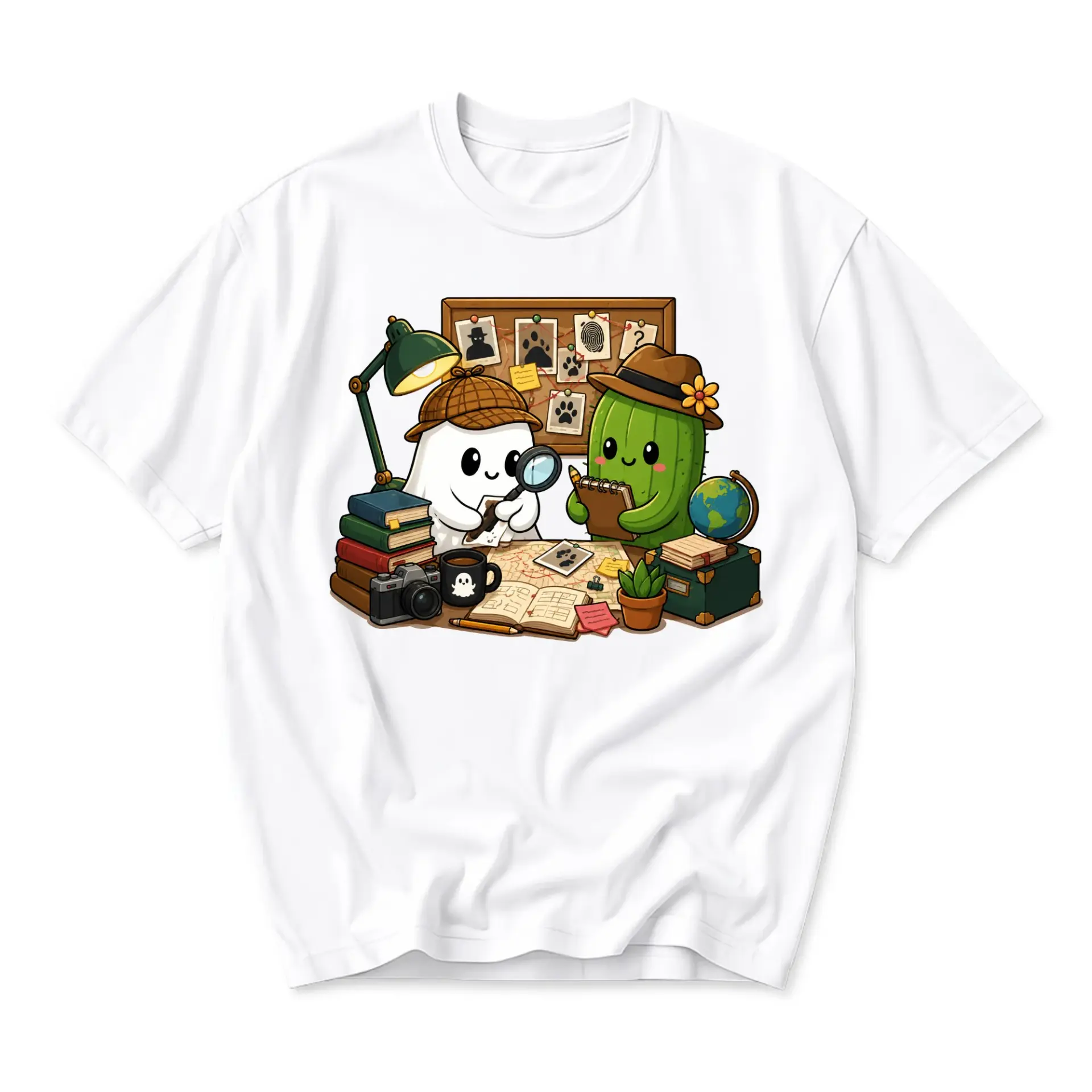 Graphic Tee Unisex Crew Neck T-Shirt Featuring Detective Ghost and Cactus Friends Investigating a Case with Map