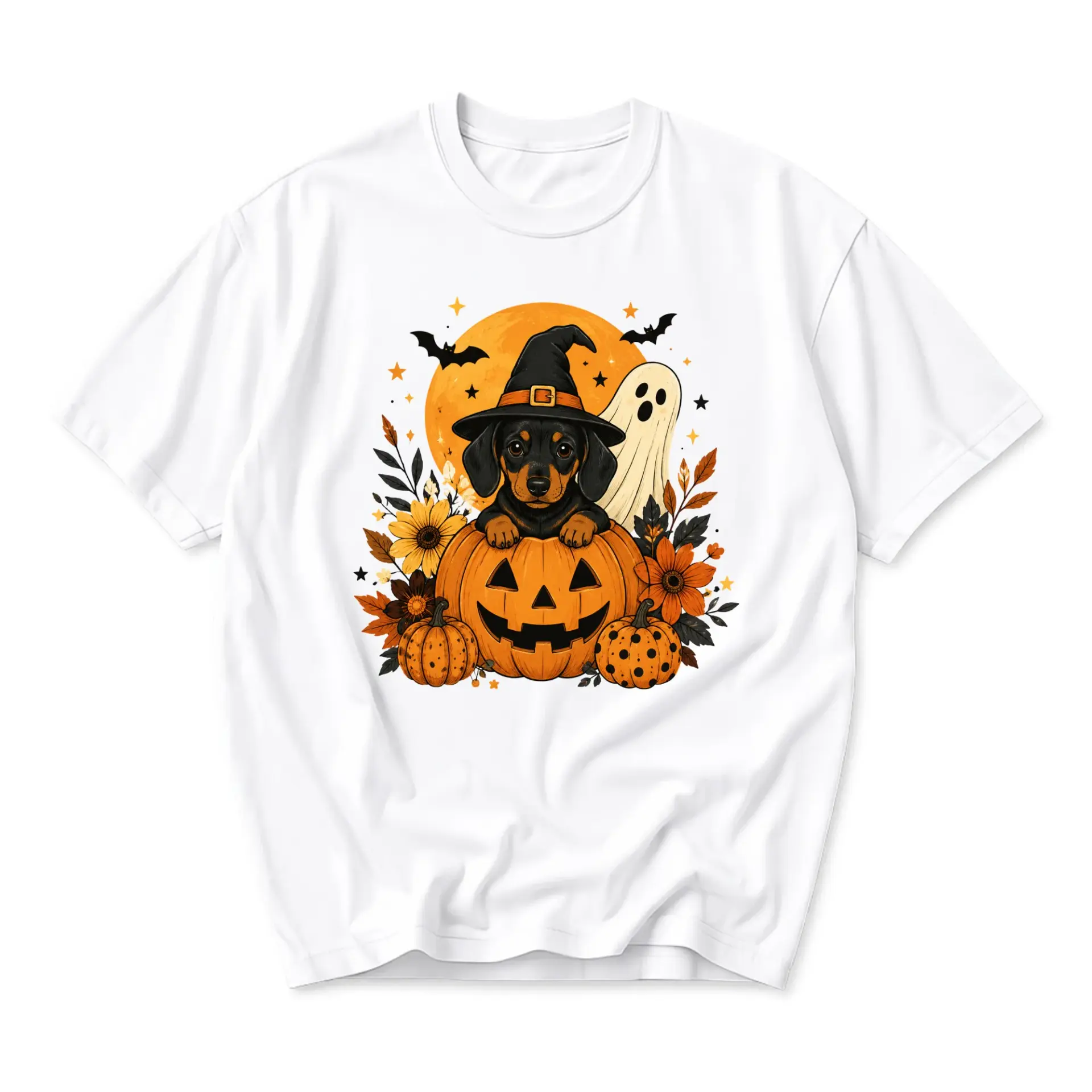 Graphic Tee Unisex Halloween Dachshund Dog Shirt Featuring Witch Hat Pumpkin and Ghost Illustration for Casual Wear