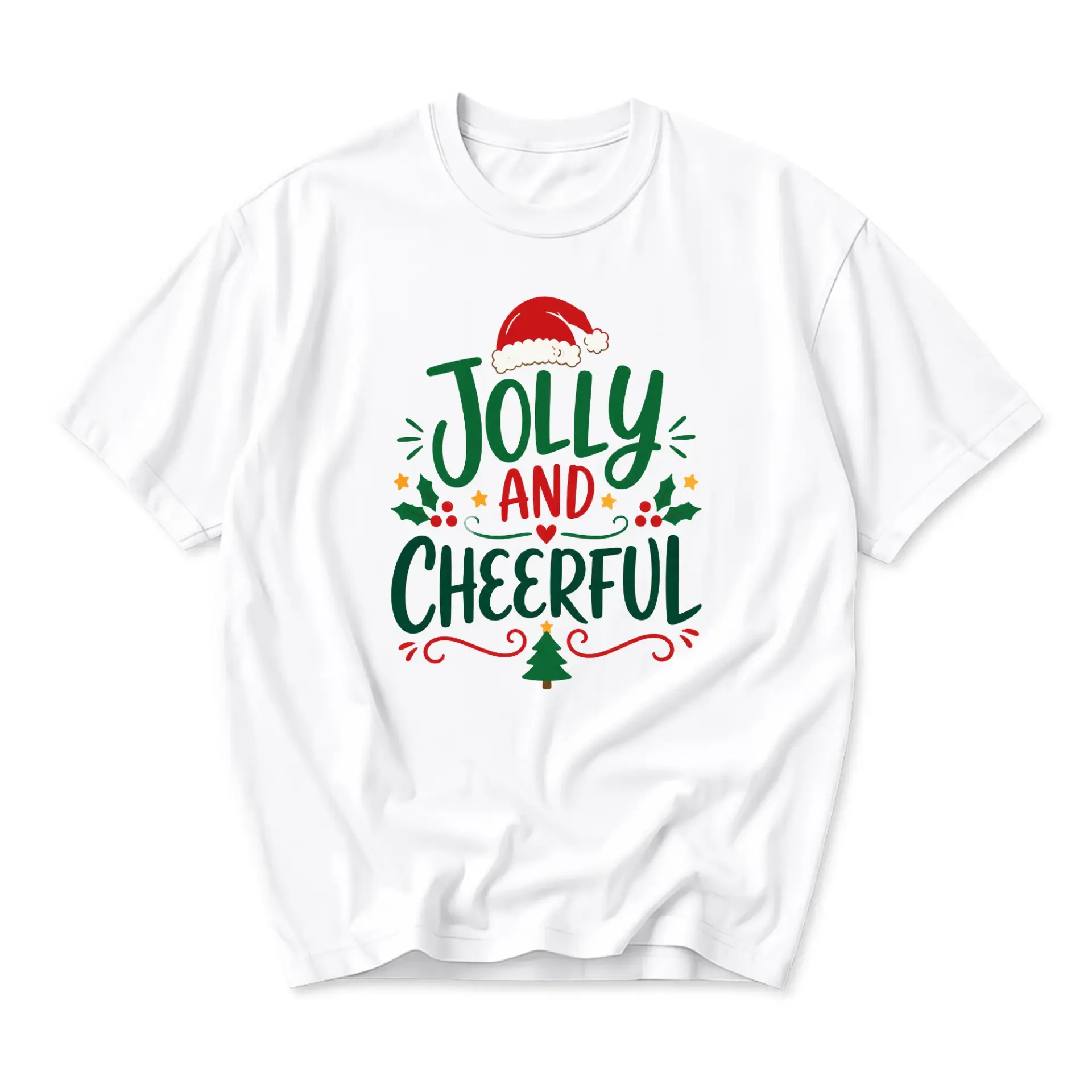 Graphic Tee Jolly and Cheerful Holiday Christmas Shirt Unisex Crew Neck