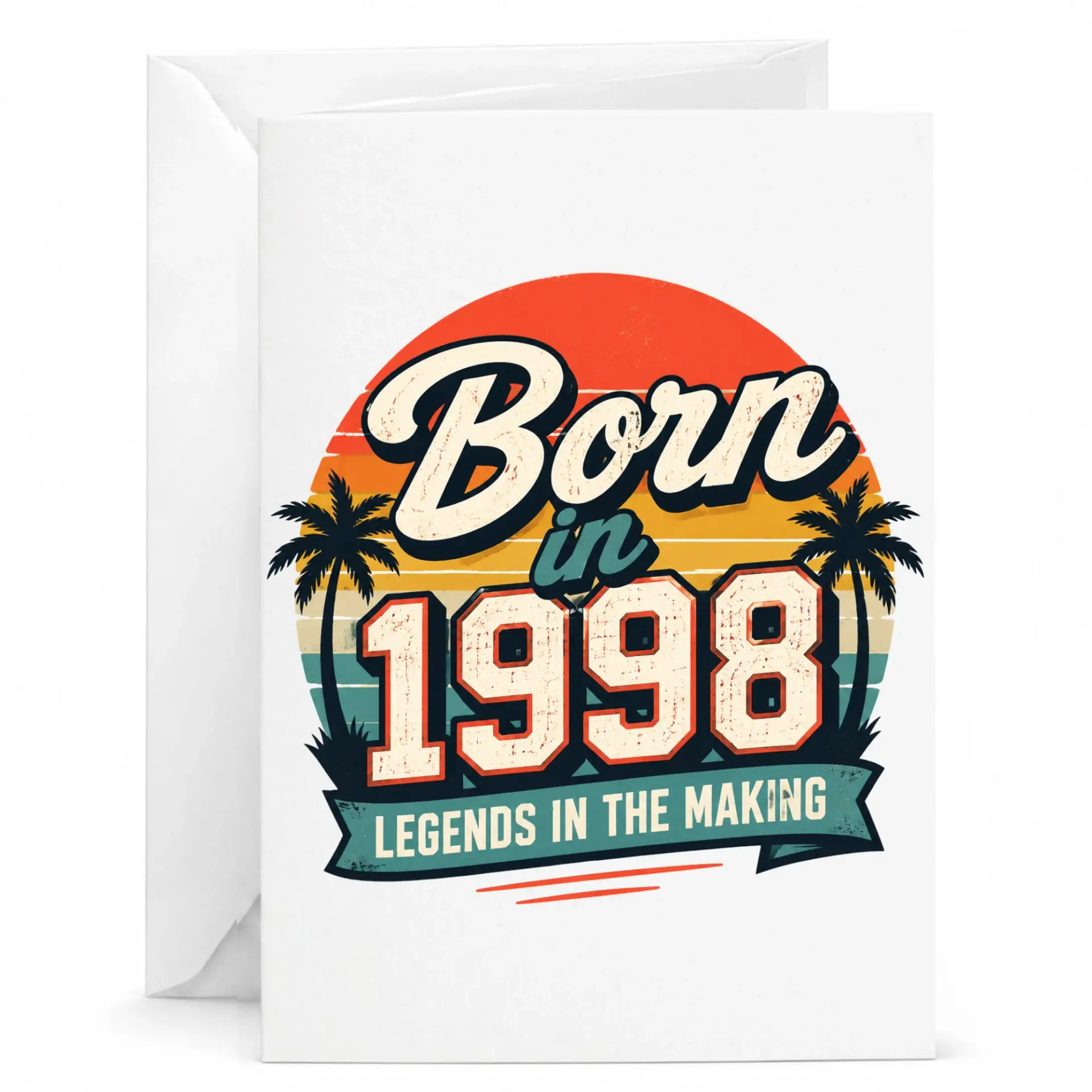 Birthday Card Born in 1998 Legends in the Making Vintage Sunset Tropical Theme Premium Folded Stationery Greeting Card