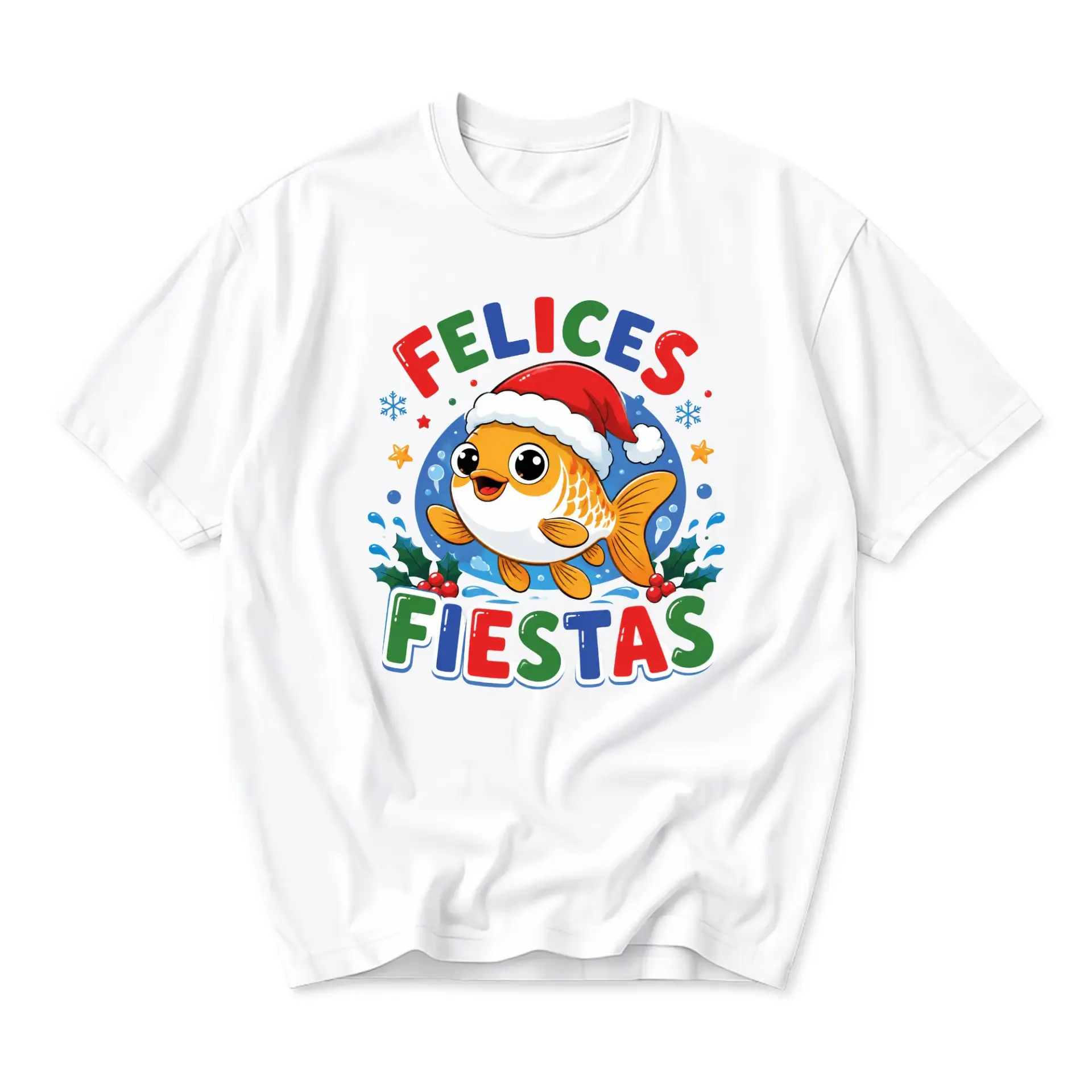 Funny Shirt Felices Fiestas Holiday Goldfish Graphic Tee Unisex Casual Crew