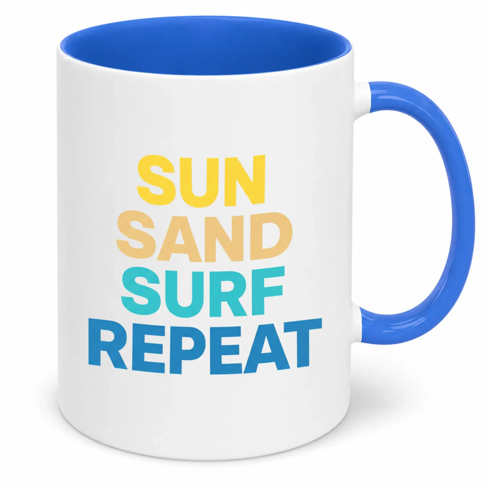 Funny Beach Day Ceramic Coffee Mug with Sun Sand Surf Repeat Design, 11oz or 15oz Summer Themed Drinkware for Home and Office