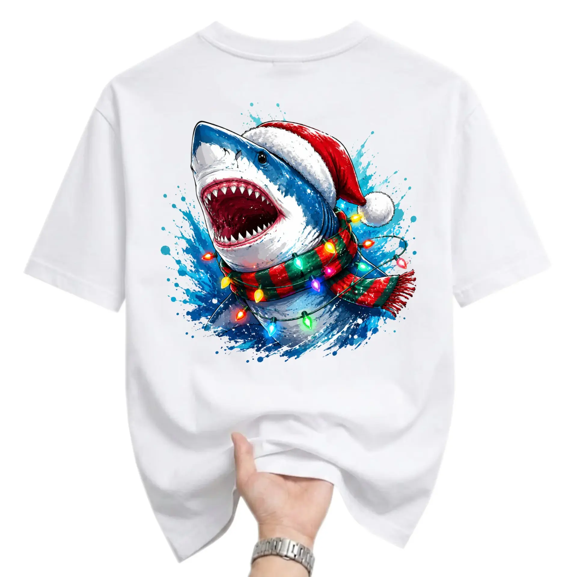 Graphic Tee Christmas Shark Unisex T-Shirt Festive Holiday Ocean Print Casual Cotton Blend Crew Neck Apparel