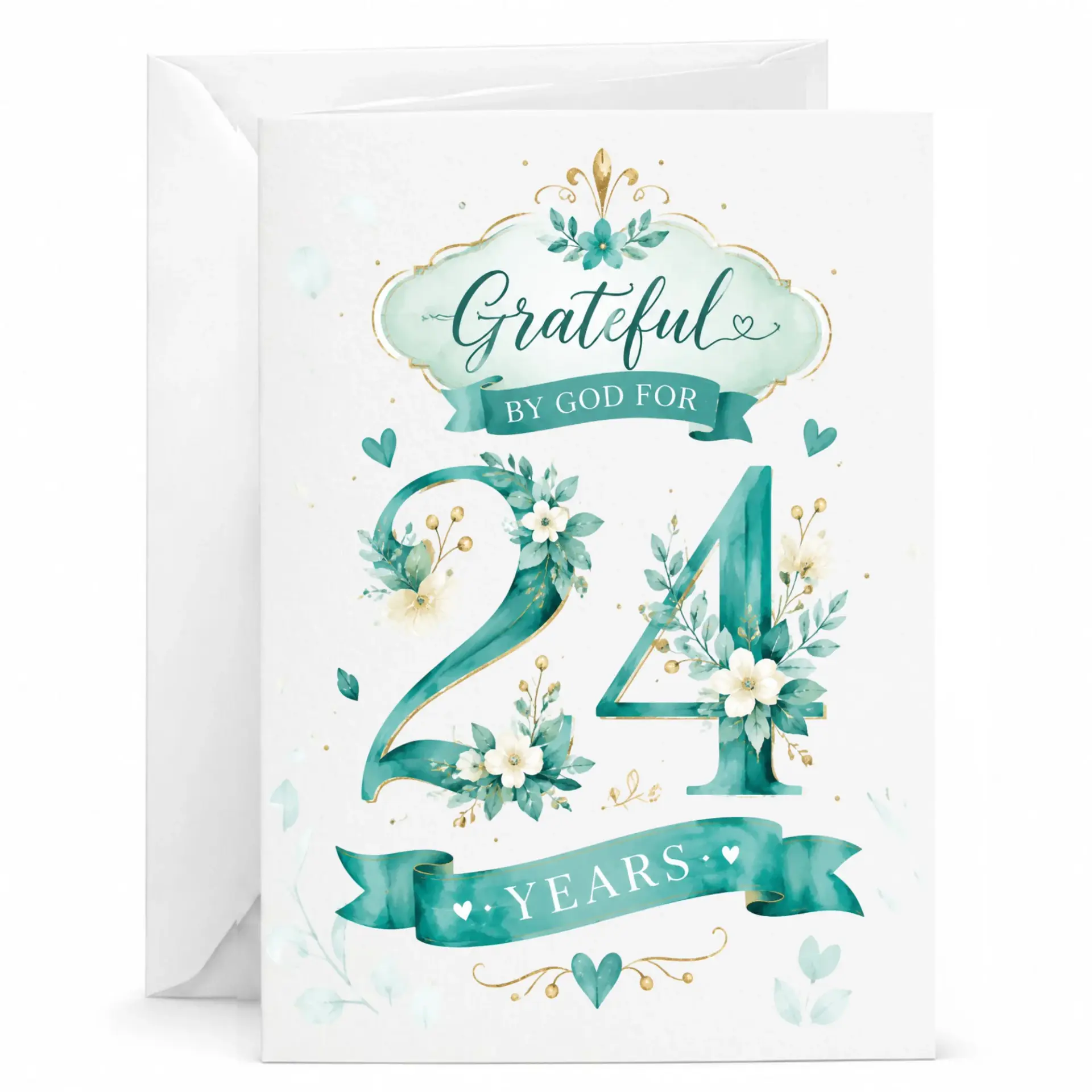 Grateful by God for 24 Years Greeting Card Floral Anniversary Birthday Milestone Card with Matching White Envelope