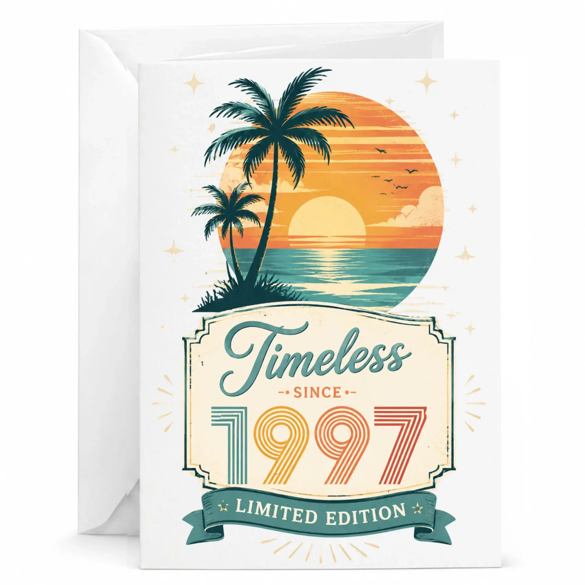 Birthday Card Timeless Since 1997 Tropical Sunset Design Vintage Retro Style Greeting Card for Milestone Celebration
