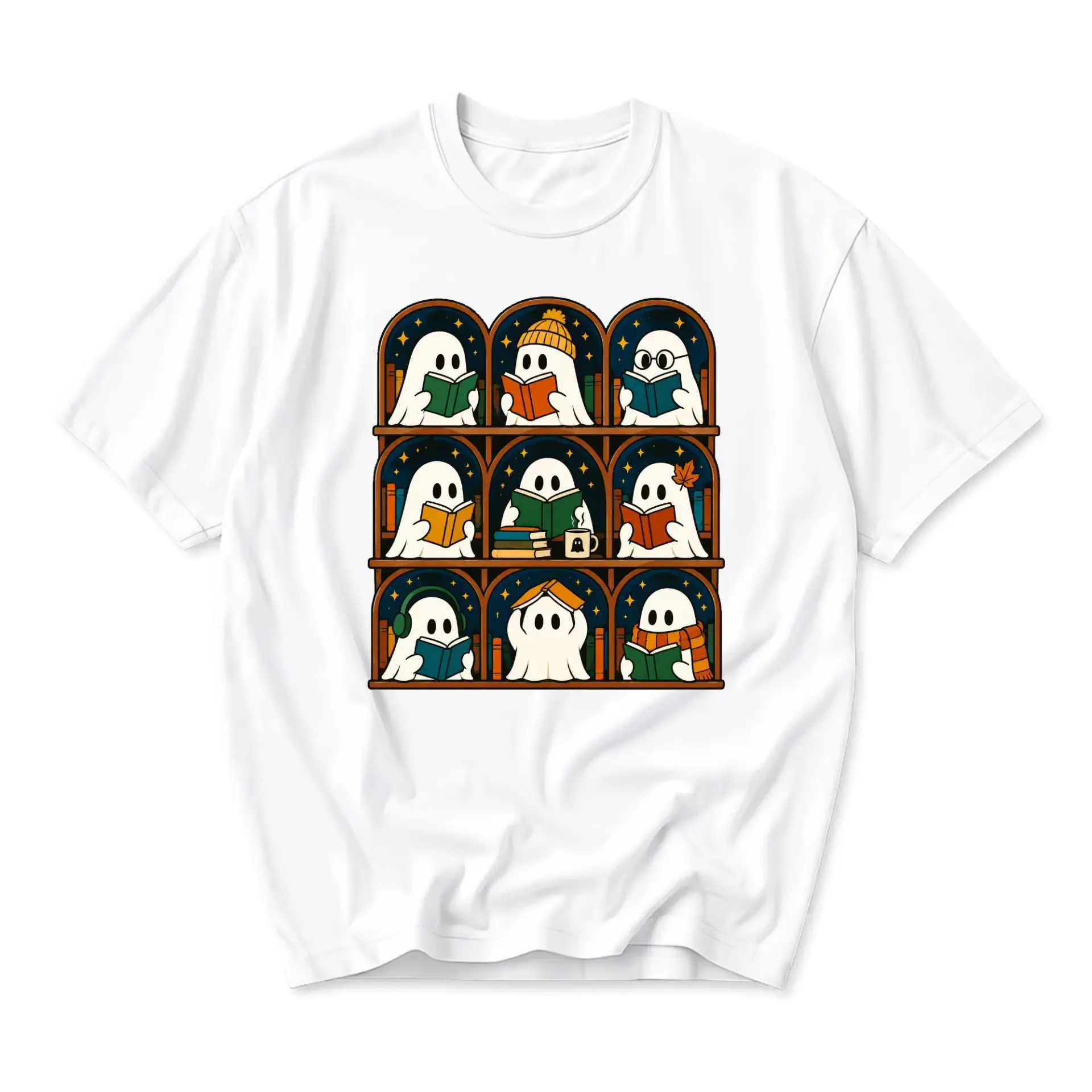 Graphic Tee Reading Ghost Library Bookshelf Unisex T-Shirt Cozy Academic Literature Lover Crew Neck Casual Cotton Shirt