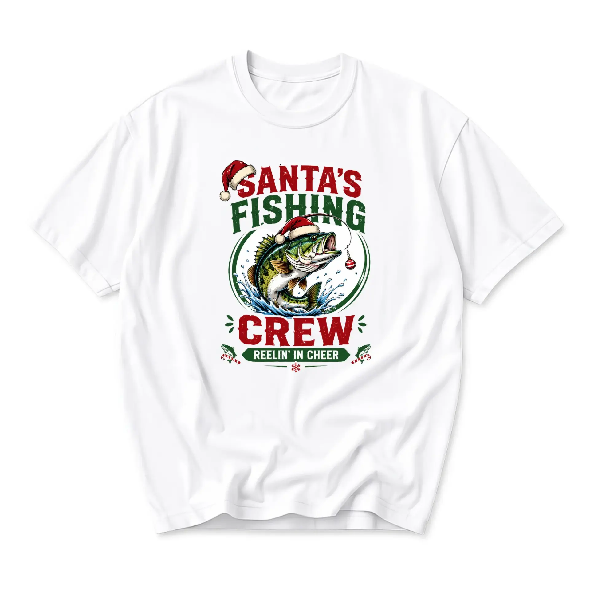 Funny Shirt Santa's Fishing Crew Reelin in Cheer Graphic Tee Holiday Casual Unisex Short Sleeve Crew Neck T-Shirt