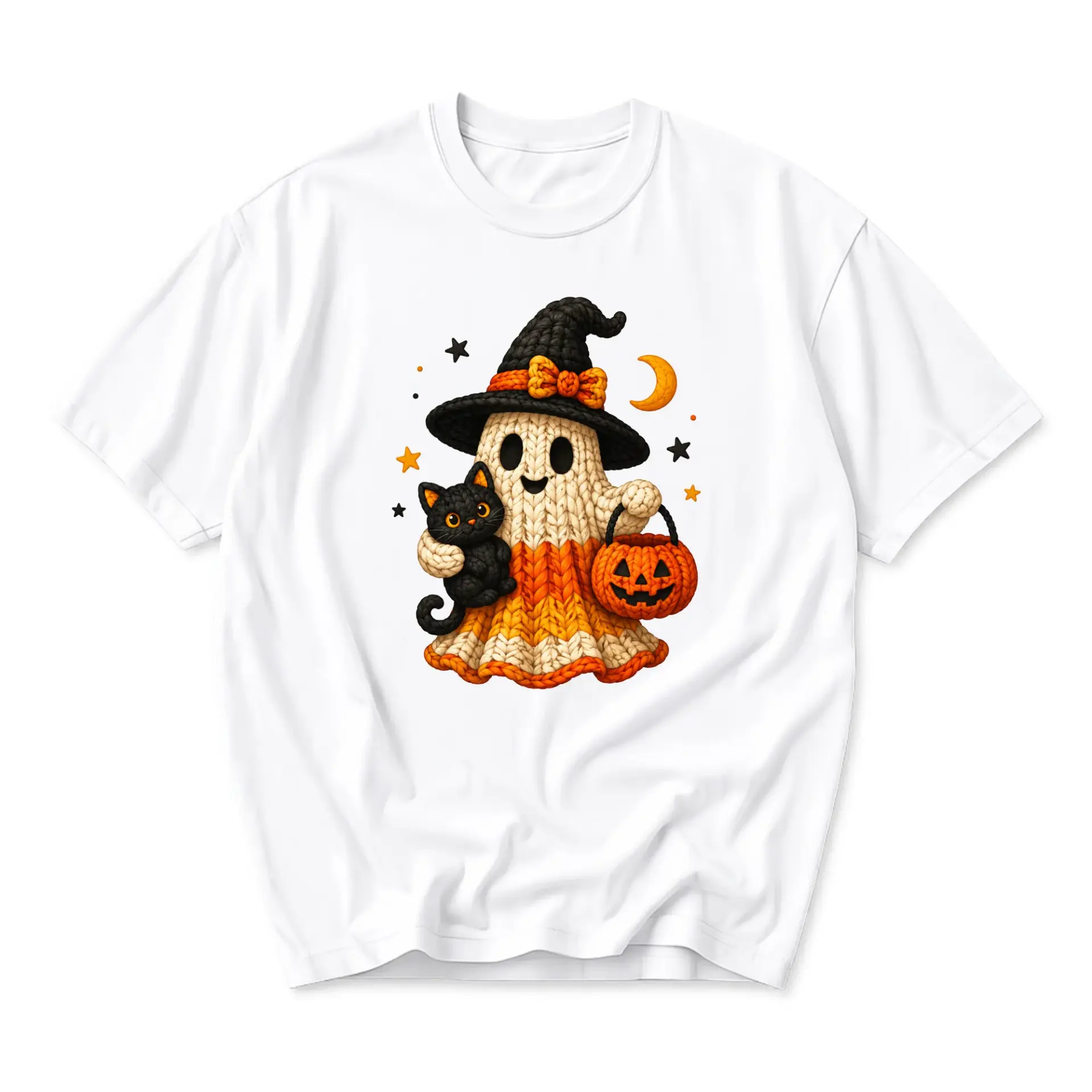 Graphic Tee Unisex Halloween Shirt Featuring a Cute Ghost Wearing a Witch Hat and Carrying a Jack O Lantern Pumpkin