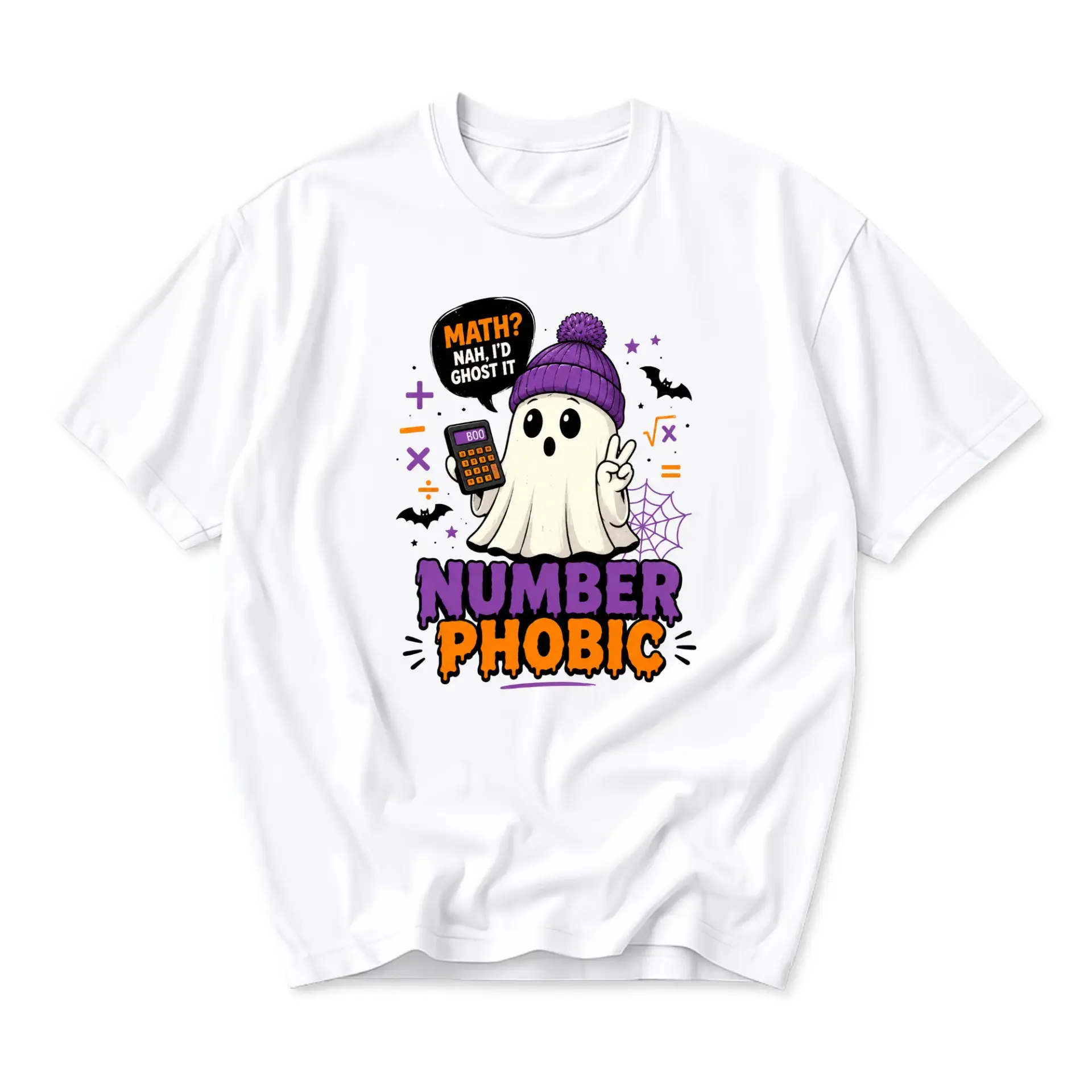 Funny Shirt Number Phobic Ghost Graphic Tee Unisex Crew Neck Casual Everyday Wear Soft Cotton Blend White Top