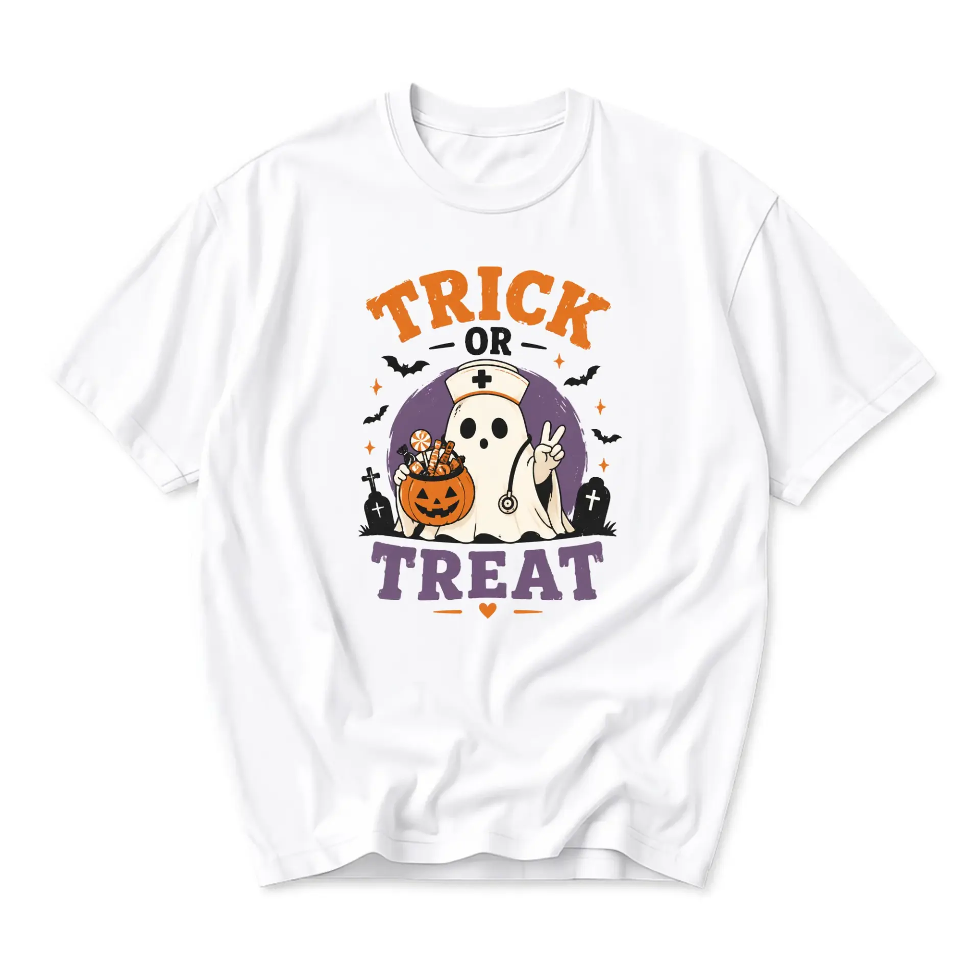 Funny Shirt Trick or Treat Ghost Nurse Graphic Tee Halloween Seasonal Outfit Casual Crew Neck Unisex Cotton Blend Top