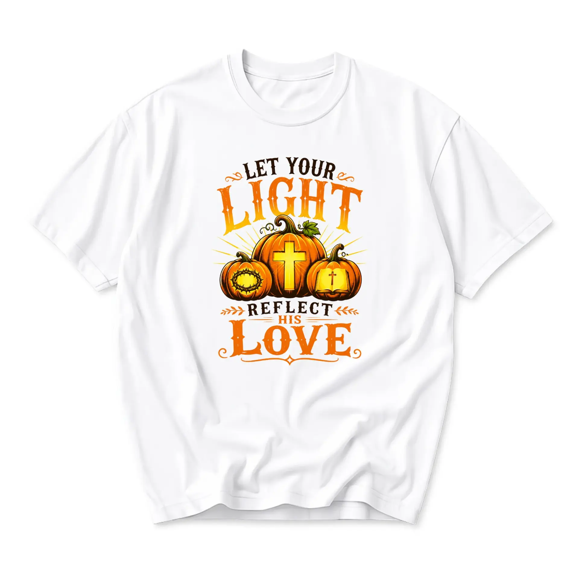 Graphic Tee Let Your Light Reflect His Love Inspirational Pumpkin Design Unisex Crew Neck Casual Short Sleeve Shirt