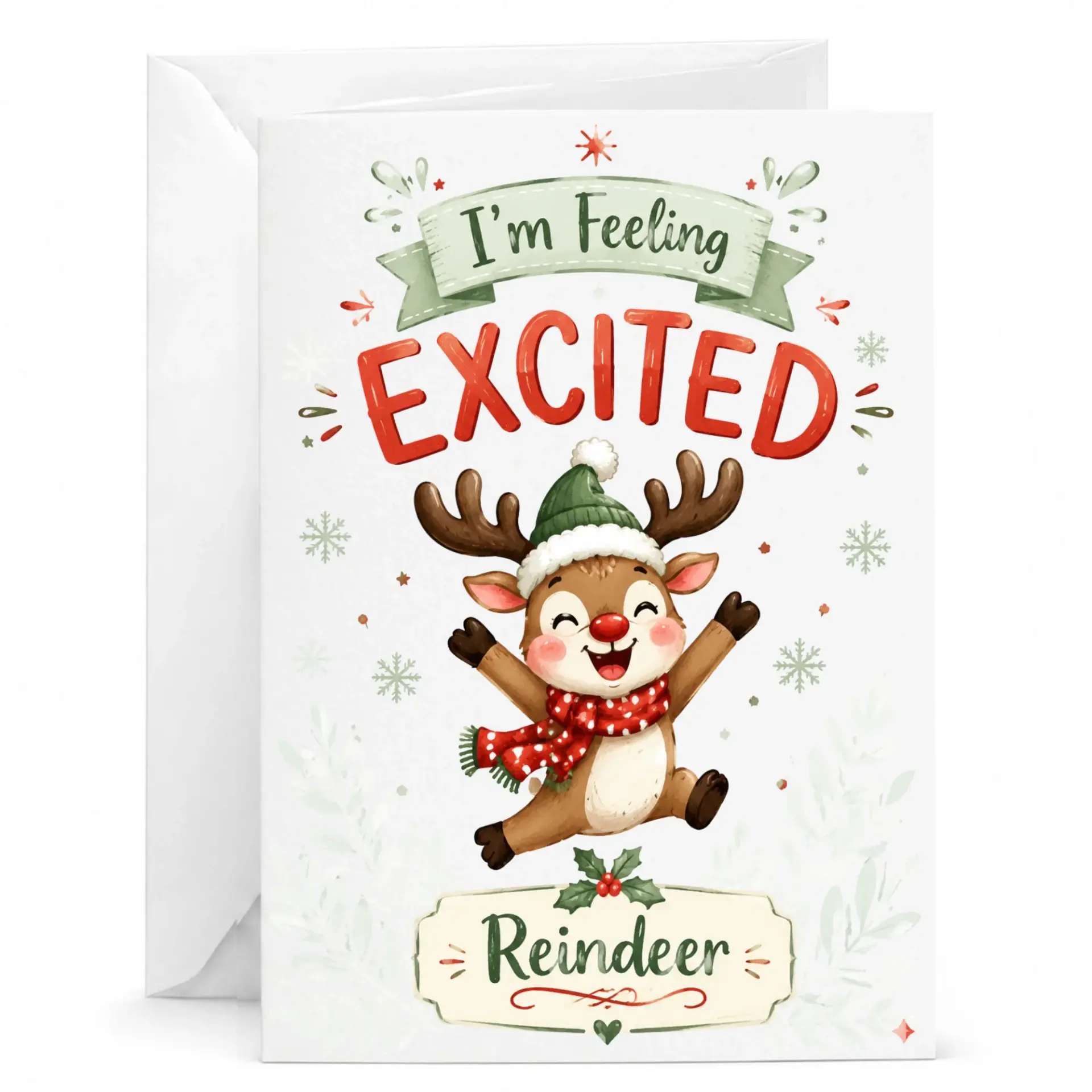 Funny Reindeer Greeting Card I'm Feeling Excited Holiday Card for Friends and Family Festive Winter Note