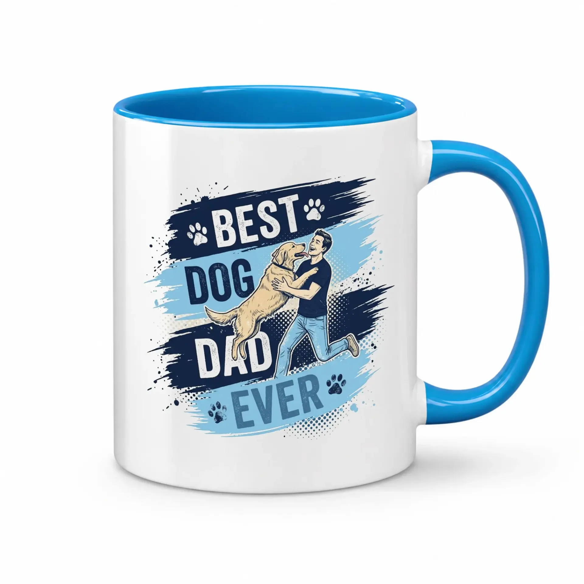Funny Best Dog Dad Ever Illustration Mug with Blue Handle Accent for Pet Owners and Lovers Morning Coffee
