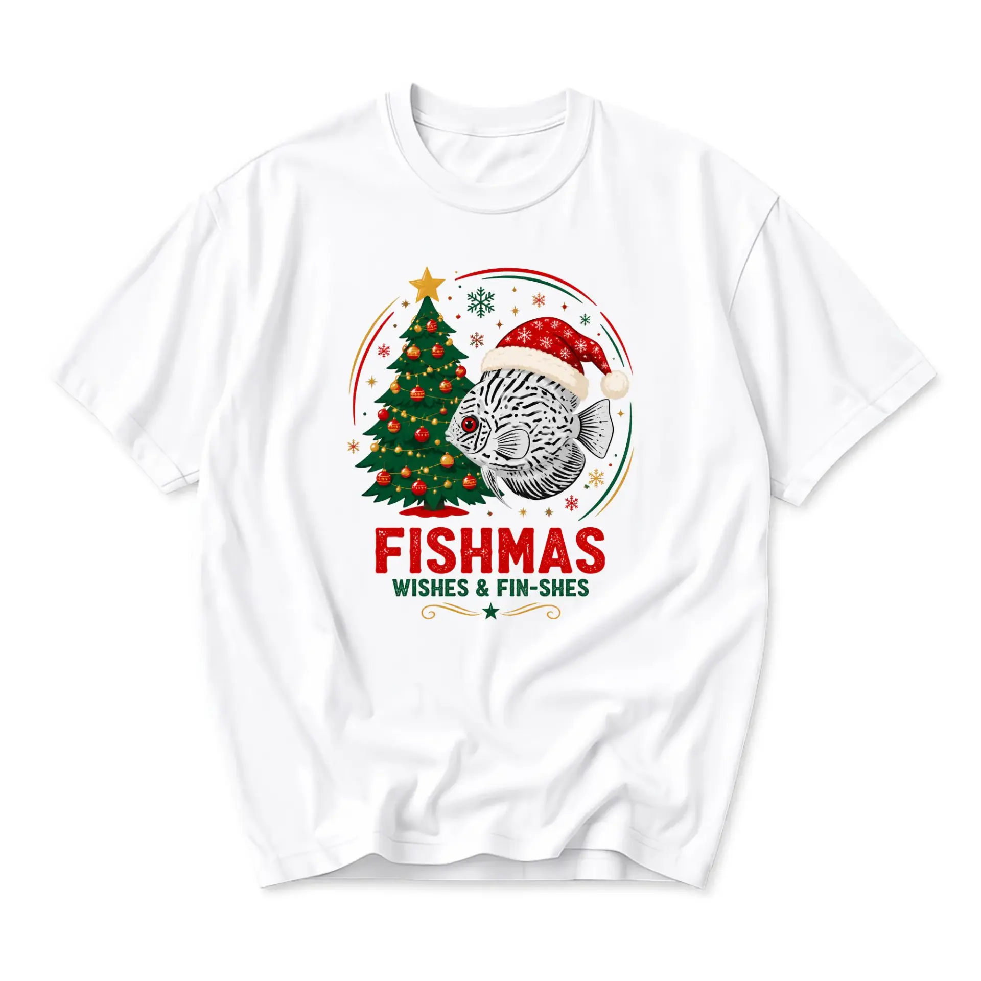 Funny Shirt Fishmas Wishes and Fin-Shes Holiday Graphic Tee Unisex Casual Apparel for Seasonal Celebration