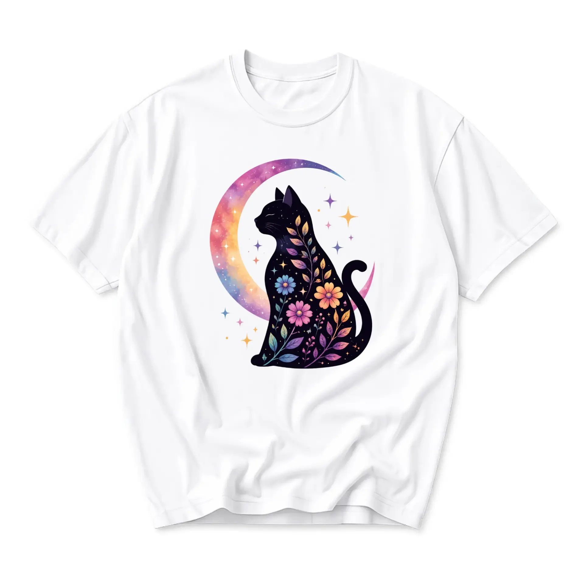 Graphic Tee Celestial Floral Cat Unisex Cotton Shirt Featuring Whimsical Moon and Star Design for Casual Everyday Wear