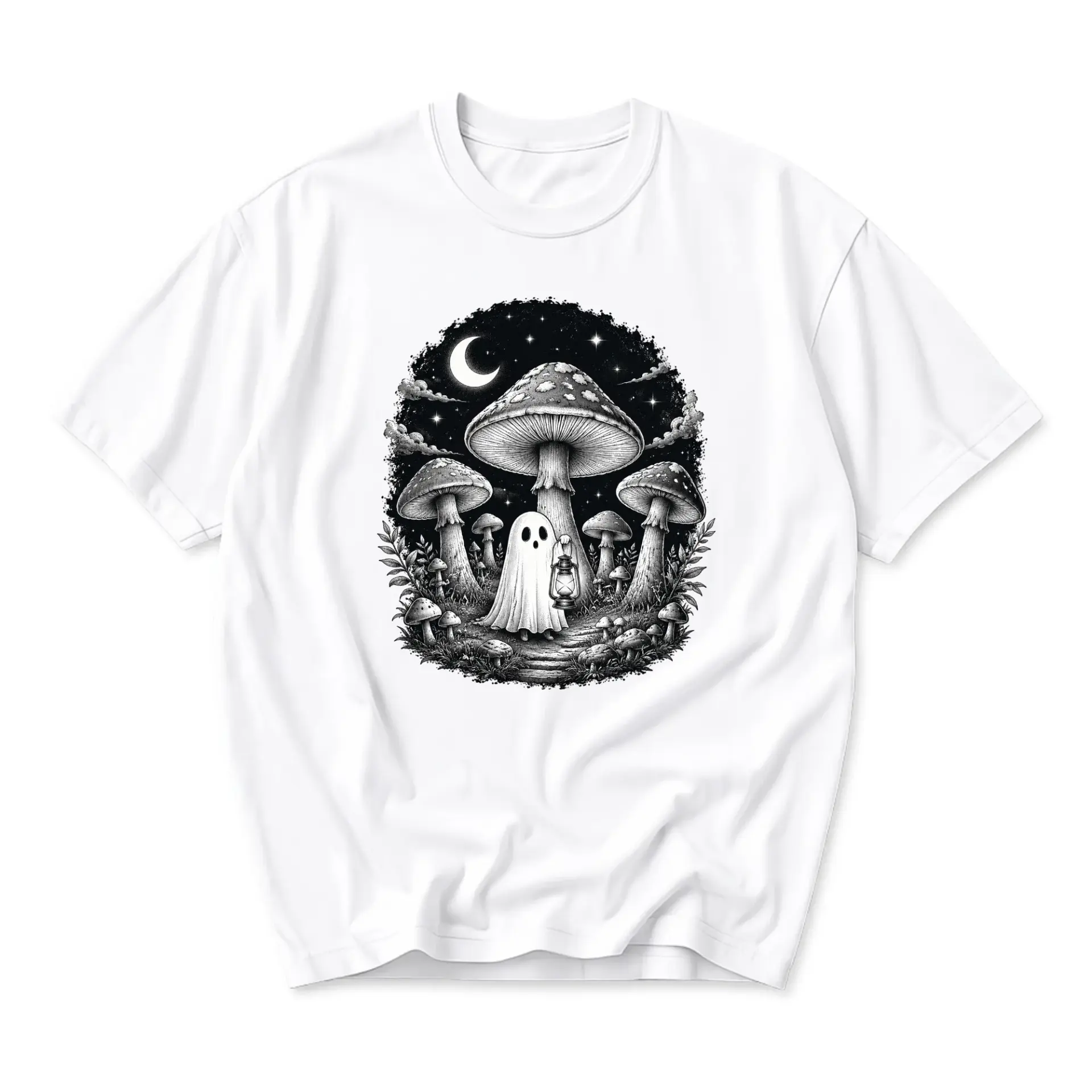 Graphic Tee Unisex Crew Neck Short Sleeve Shirt Featuring Whimsical Forest Ghost Holding a Lantern Mushroom Design