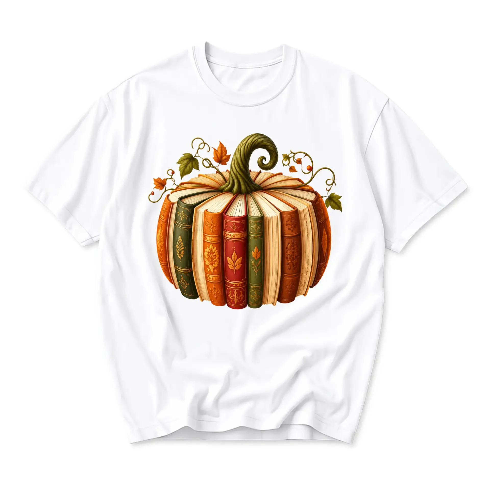 Graphic Tee Pumpkin Made of Vintage Books Illustration Autumn Fall Season Unisex Casual Crew Neck Soft Cotton Shirt