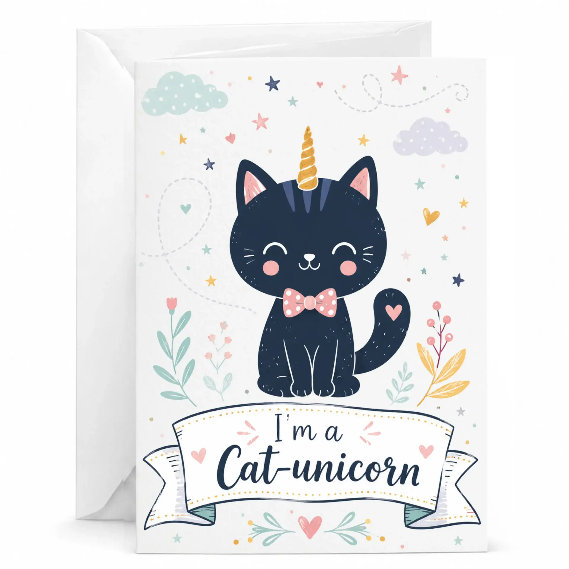 Funny Greeting Card Featuring a Cute Black Cat Design with Whimsical Floral Accents for Special Occasions