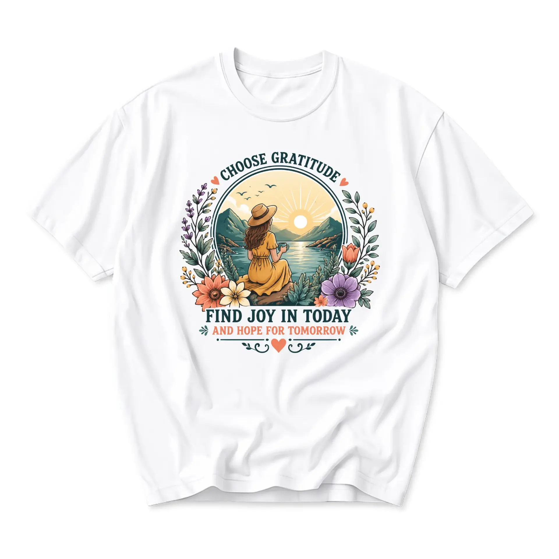 Graphic Tee Choose Gratitude Floral Mountain Landscape Art Unisex Crew Neck Everyday Casual Comfort Cotton Blend Shirt
